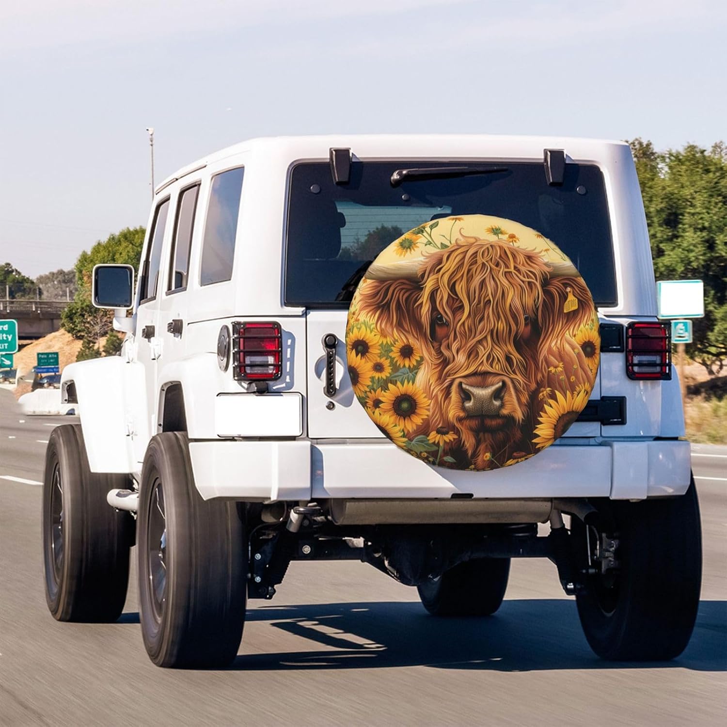 Highland Cow Sunflowers Spare Tire Cover Dust-Proof Wheel Tire Cover Fit Trailer, RV, SUV and Many Vehicle 17inch