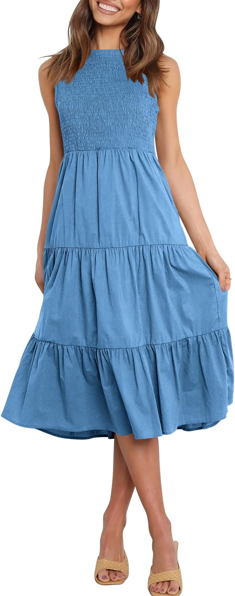 LOGENE Womens Summer Casual Sleeveless Solid Color Ruffle A Line Beach Midi Swing Sundress with Pockets, Sky Blue, Small