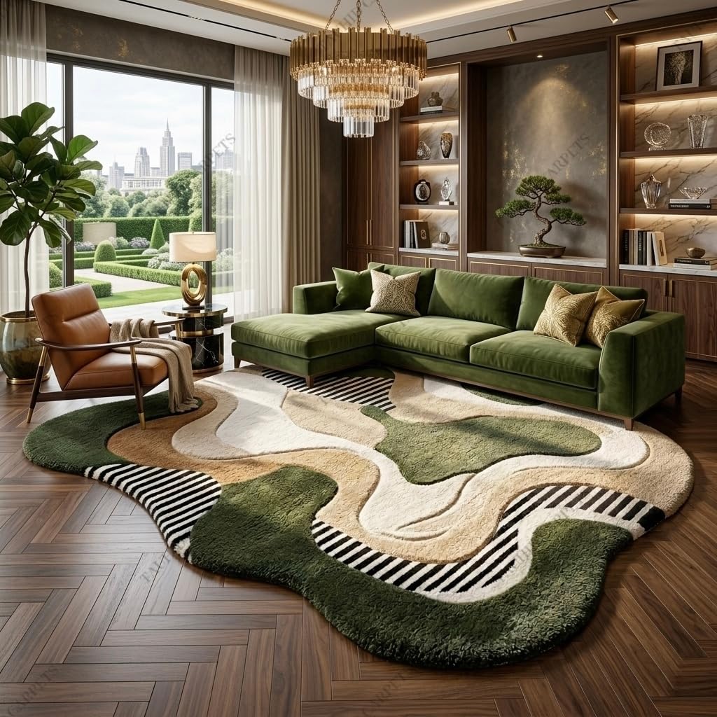 Tauhid Carpet Super Soft Microfiber Shaggy Area Rug | Modern Irregular Abstract Olive Green Beige & Ivory Plush Carpet | Fluffy Floor Rug for Living Room, Bedroom 3x5 Feet.-picture-25