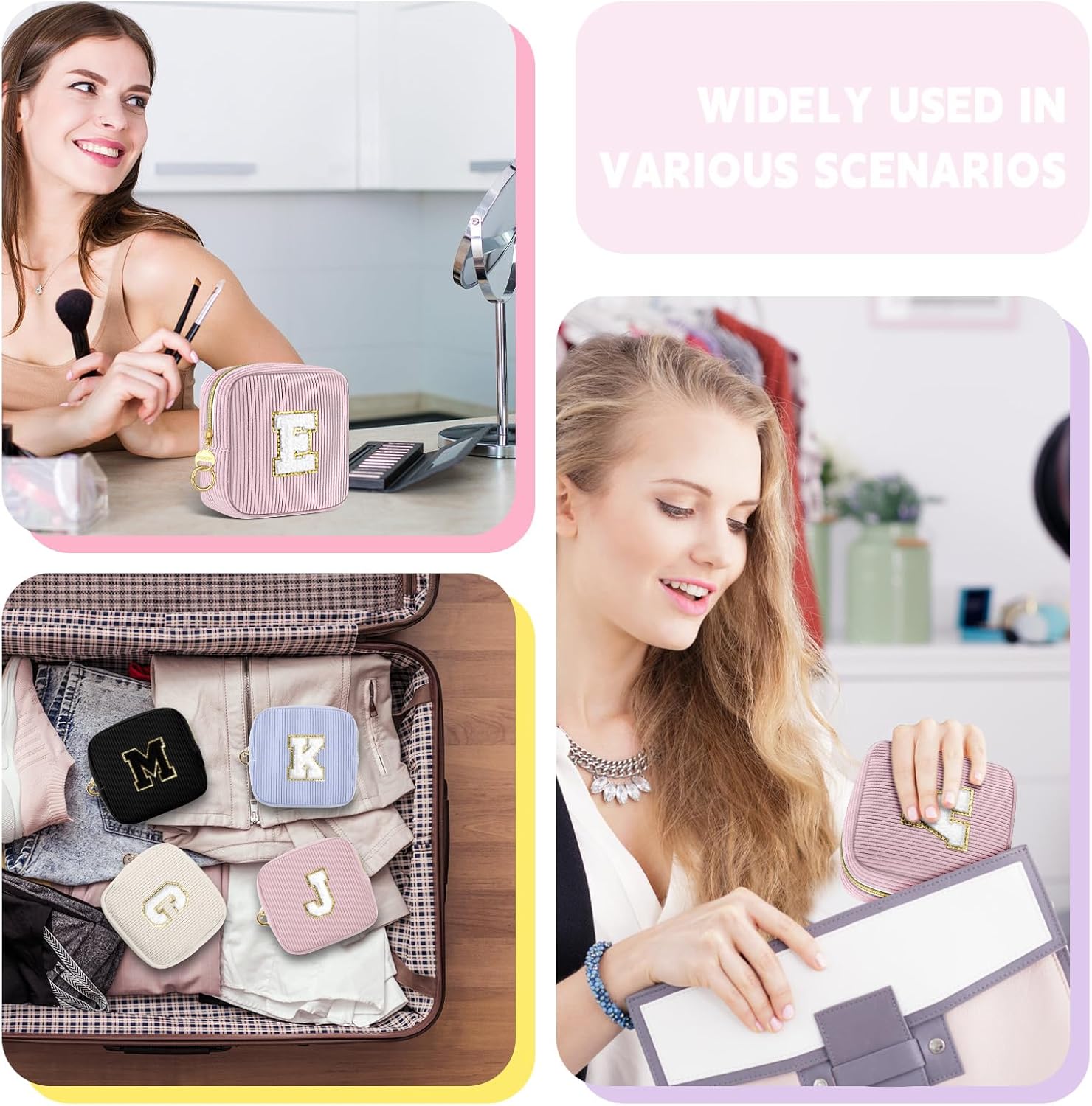 Small Initial Makeup Bag, Pink Corduroy Personalized Cosmetics Bag with Ring Buckle, Monogram Cute Travel Toiletry Pouch Purse for Birthday/Wedding/Party Gifts (Letter L) - Image 5