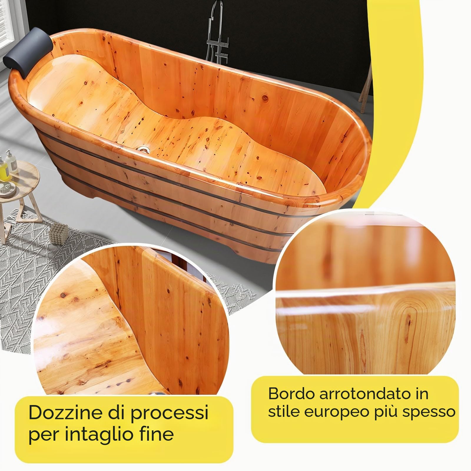Vasca da Bagno in Legno Massiccio, Vasca da Bagno di Lusso con Poggiatesta, Vasca da Bagno per Adulti con Cestino Appeso, Carico Massimo: 400 kg, per Casa, Hotel