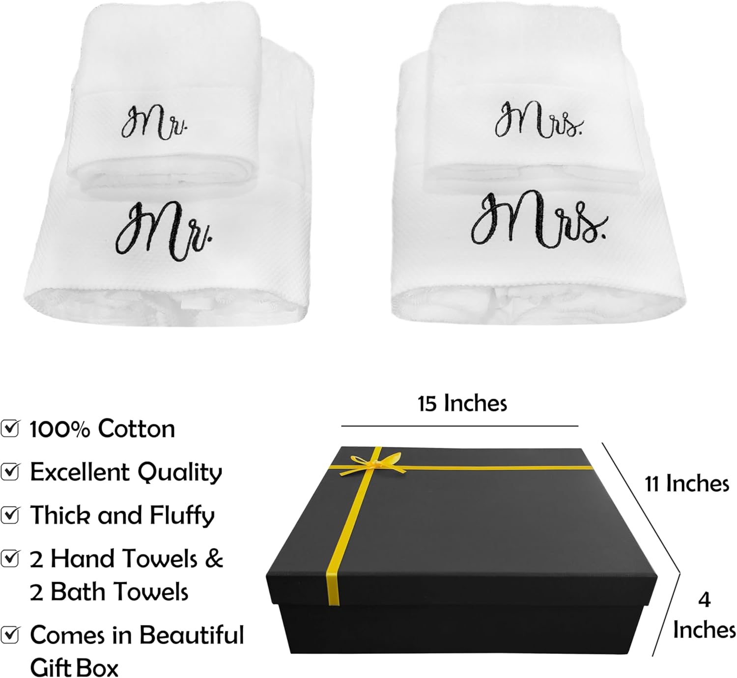 RUBBER BOND Mr and Mrs Towels Set with Gift Box - 4 Pack Bath and Hand Towels for Couples - Hotel, Spa & Bathroom Cotton Towels for The Couples (Black Embroidery) - Image 2