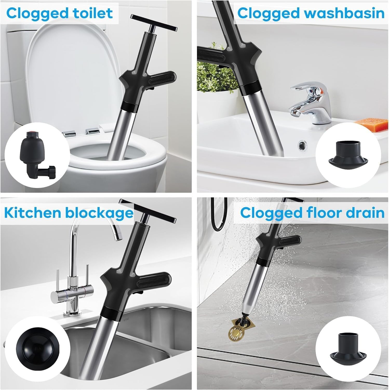 Stainless Steel Toilet Unclogger - Instant Pipe Cleaner with Barometer for Kitchen, Bathroom & Floor Drains, Splash-Proof & Easy to Use
