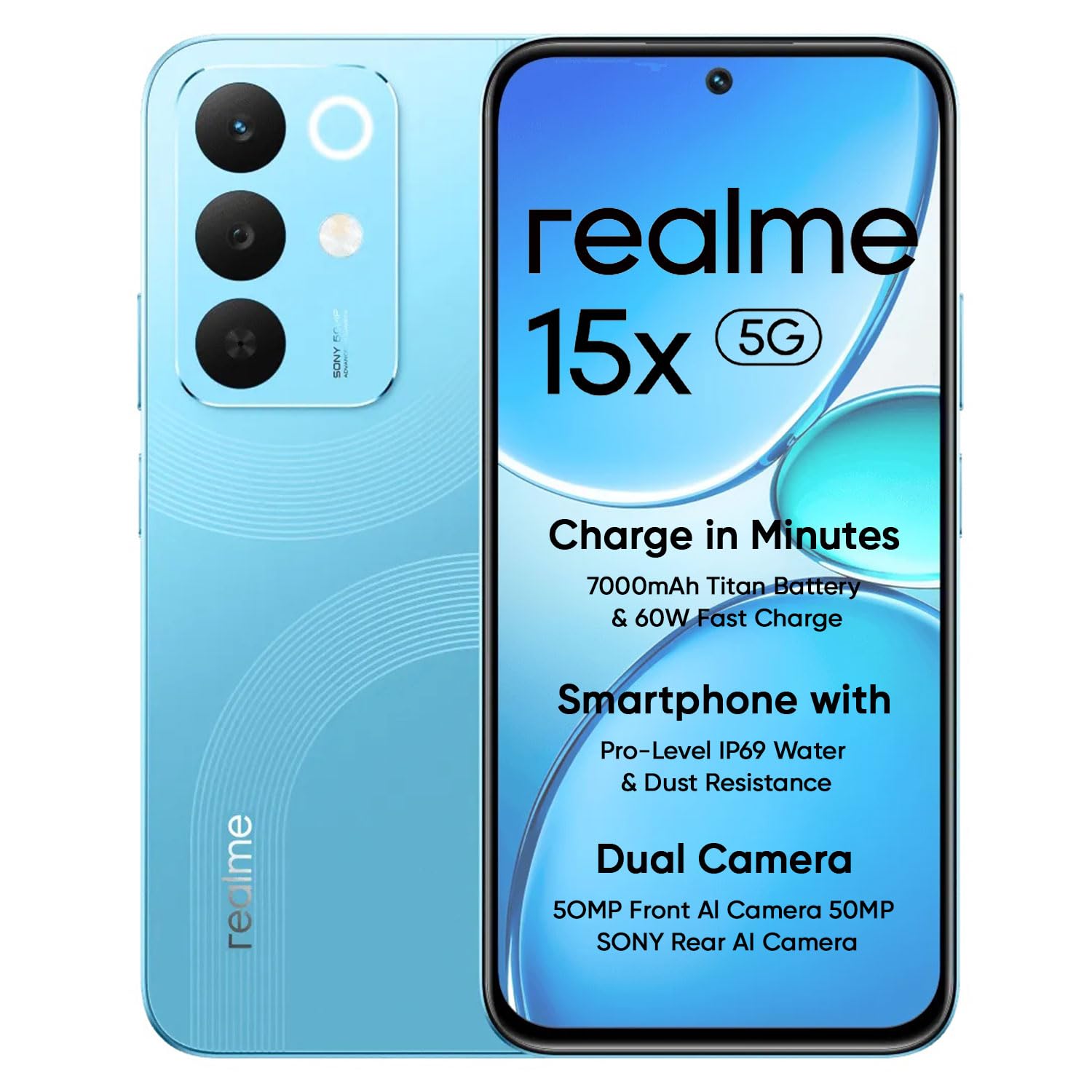 realme 15X 5G Smartphone 8+128GB, 6.8-inch Screen, 144Hz Display,7000mAh Battery, 60W Fast Charging, 50+50MP AI Camera,Dimensity 6300 6nm Octa-core chipset Processor, IP69, Aqua Blue