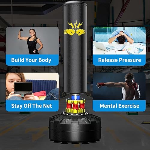 Miniatura 7 de Saco de boxeo independiente para adultos, bolsa de boxeo de 70 pulgadas con soporte para patadas, bolsa pesada con guantes de boxeo, adecuado para