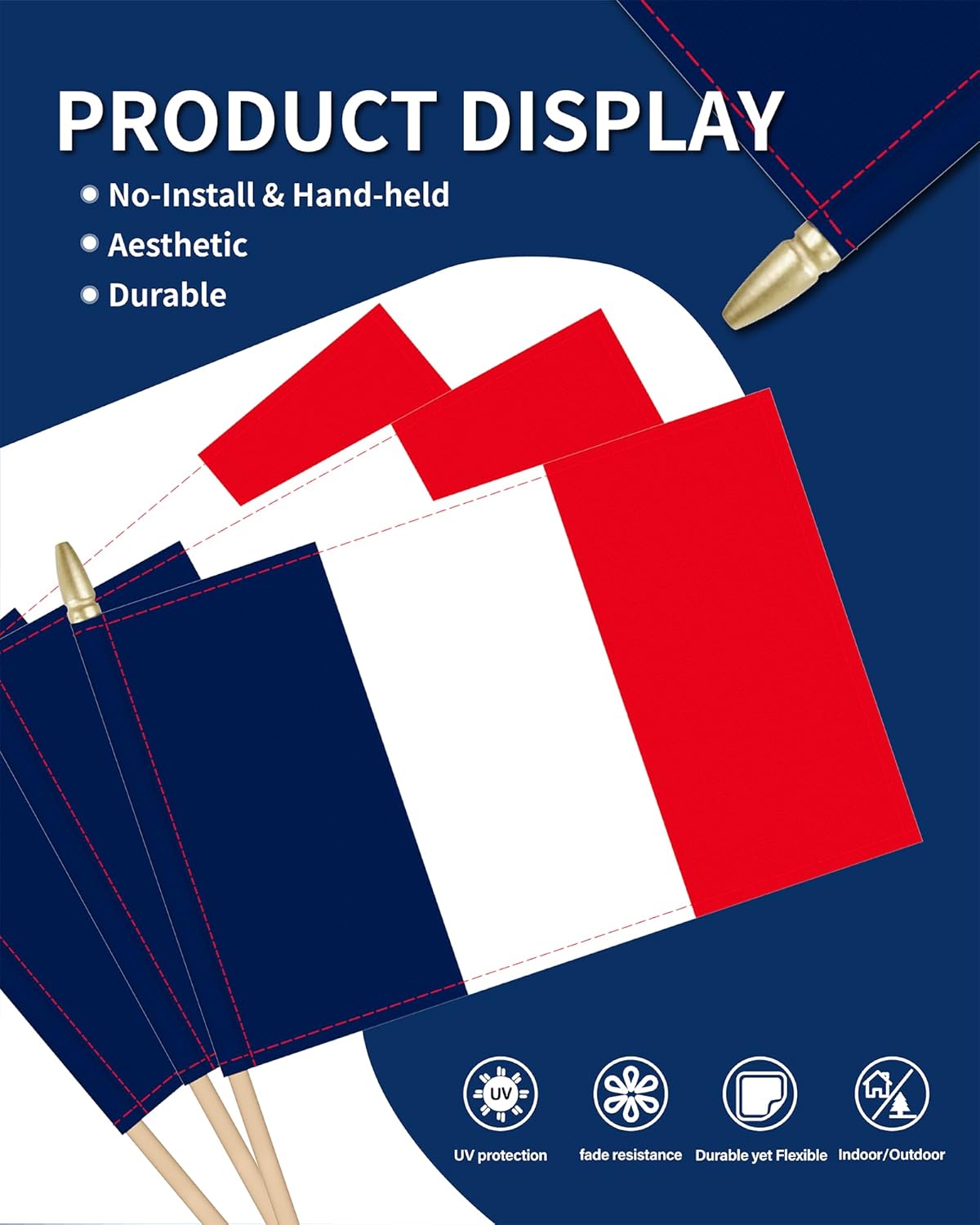 Heavy Duty 12 Pack 12x18 Inch Large French Flags on Stick 35” Tall France Stick Flags Durable Break-Resistant 5/16” Birch Pole 300D Oxford Fabric Bastille Day Armistice Day Yard & Festival Decorations