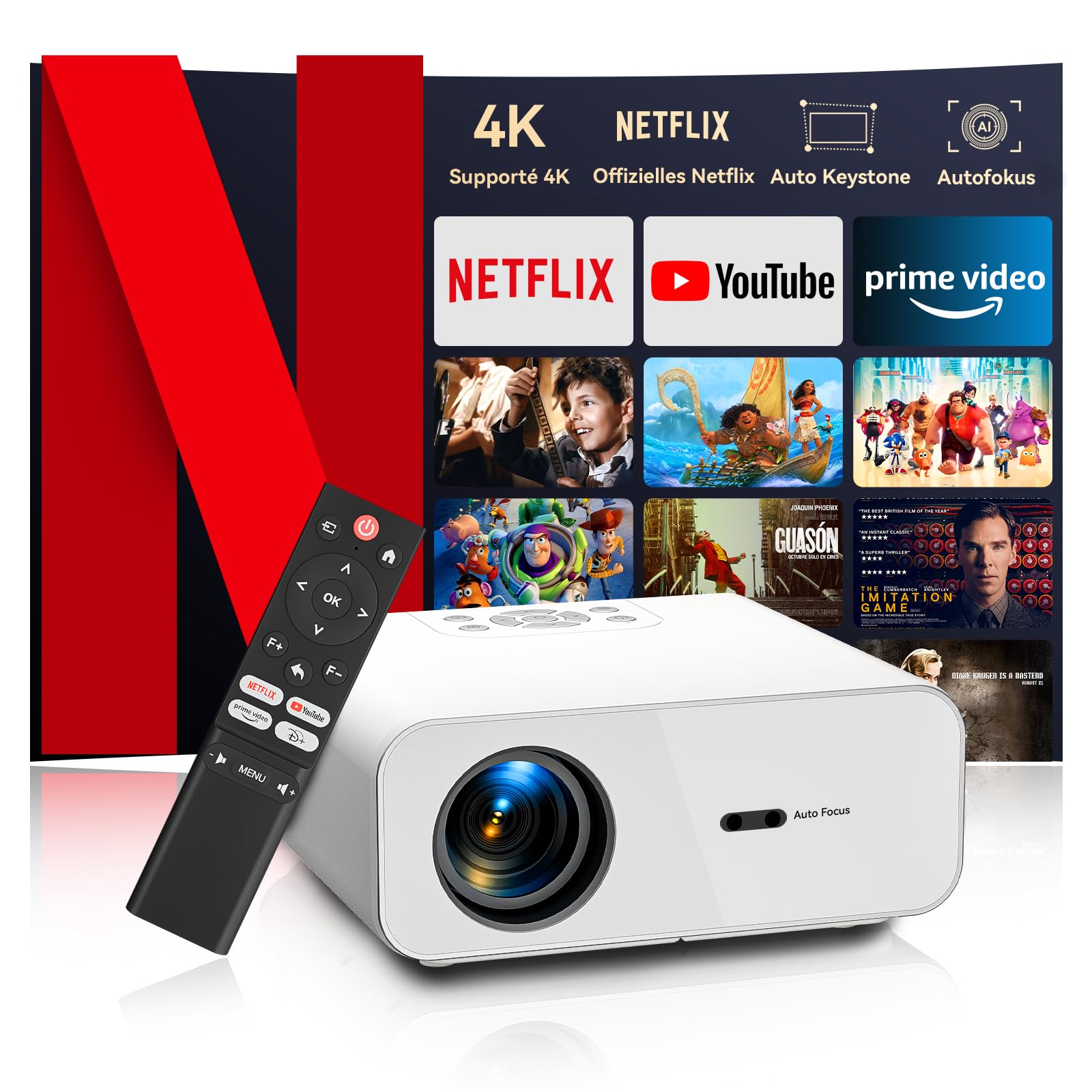 Videoprojecteur 4K AKIYO O9 - 600 ANSI, Netflix Officiel, Auto Focus - WiFi/Bluetooth - Home Cinéma Intelligent