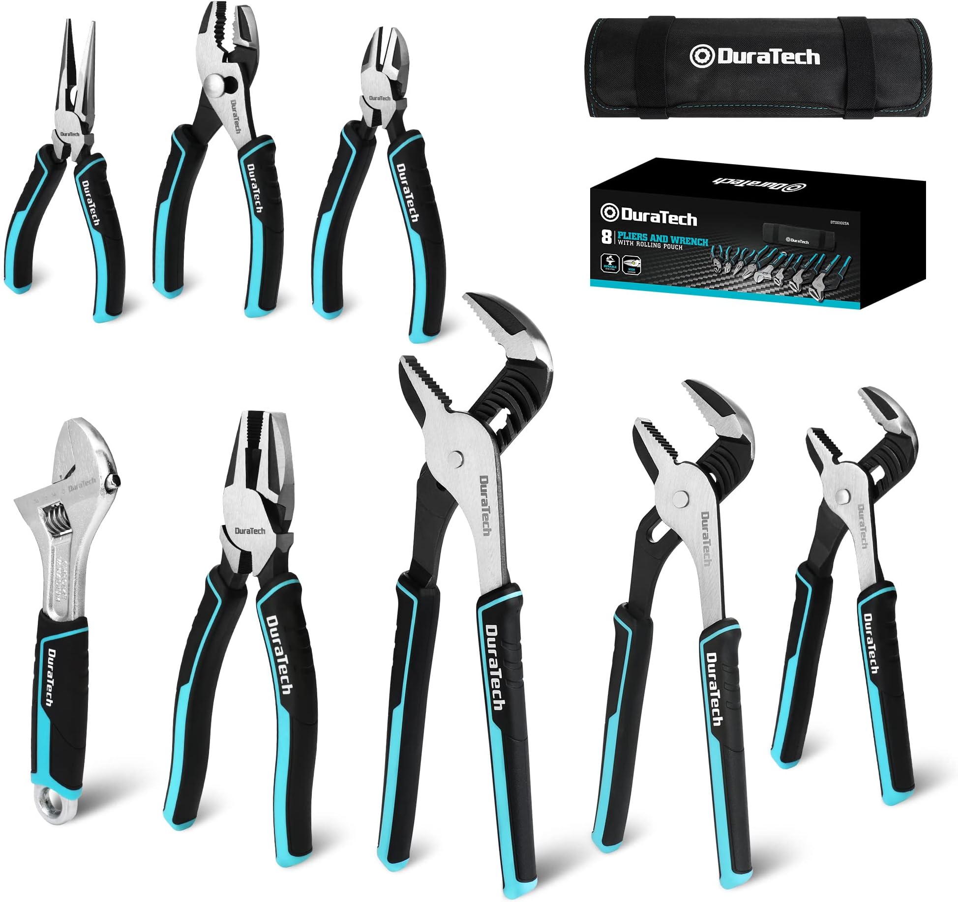 8-Piece Pliers Set with Rolling Pouch, Premium Cr-V/Cr-Ni Construction, (12", 10", 8" Groove Joint Pliers, 8" Adjustable Wrench, 8" Linesman, 6" Long Needle Nose, 6" Slip Joint, 6" Diagonal)