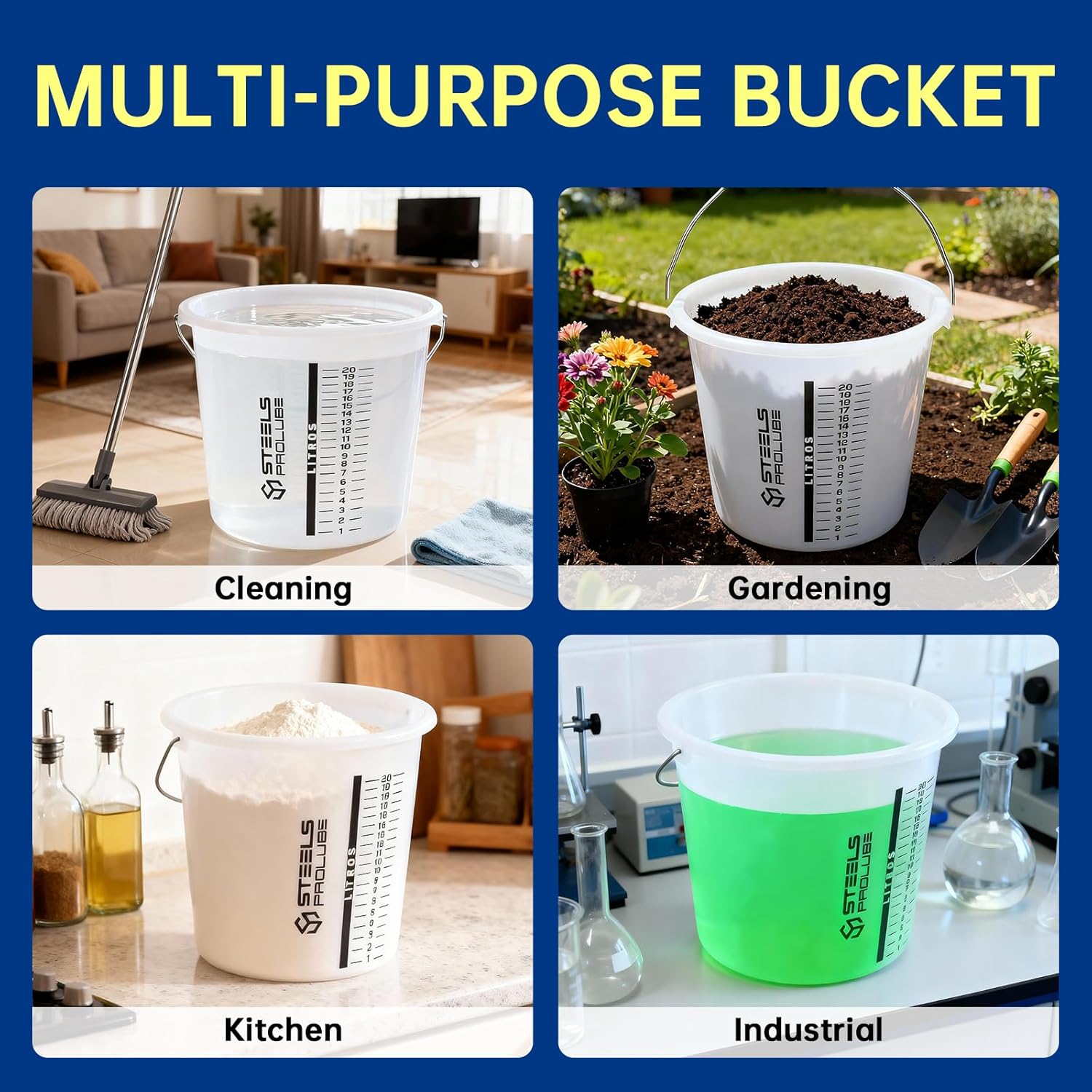 5 Gallon Graduated Bucket with Handle | Multipurpose Large Container, Heat & Chemical Resistant (-40°C to 200°C) for Industrial and Home Use（20L）