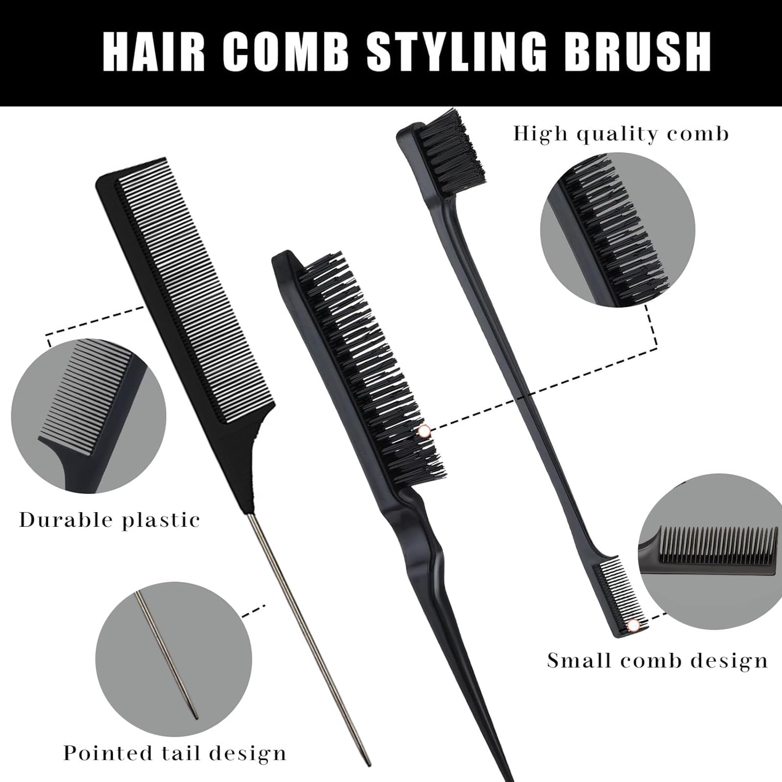 5 Pcs Slick Back Teasing Brush for Damaged Hair Soft Beard & Slick Back Hair Smoothing, Men's Beard Comb, Black - Image 3