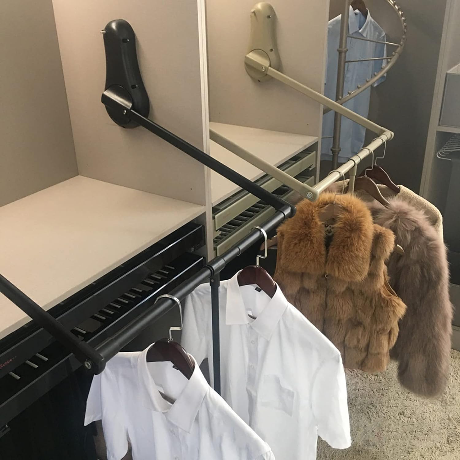 90° Adjustable Pull Down Closet Rod - Aluminum Retractable Wardrobe Rail, Space-Saving Clothes Organizer Storage System,Khaki,650 to 850mm