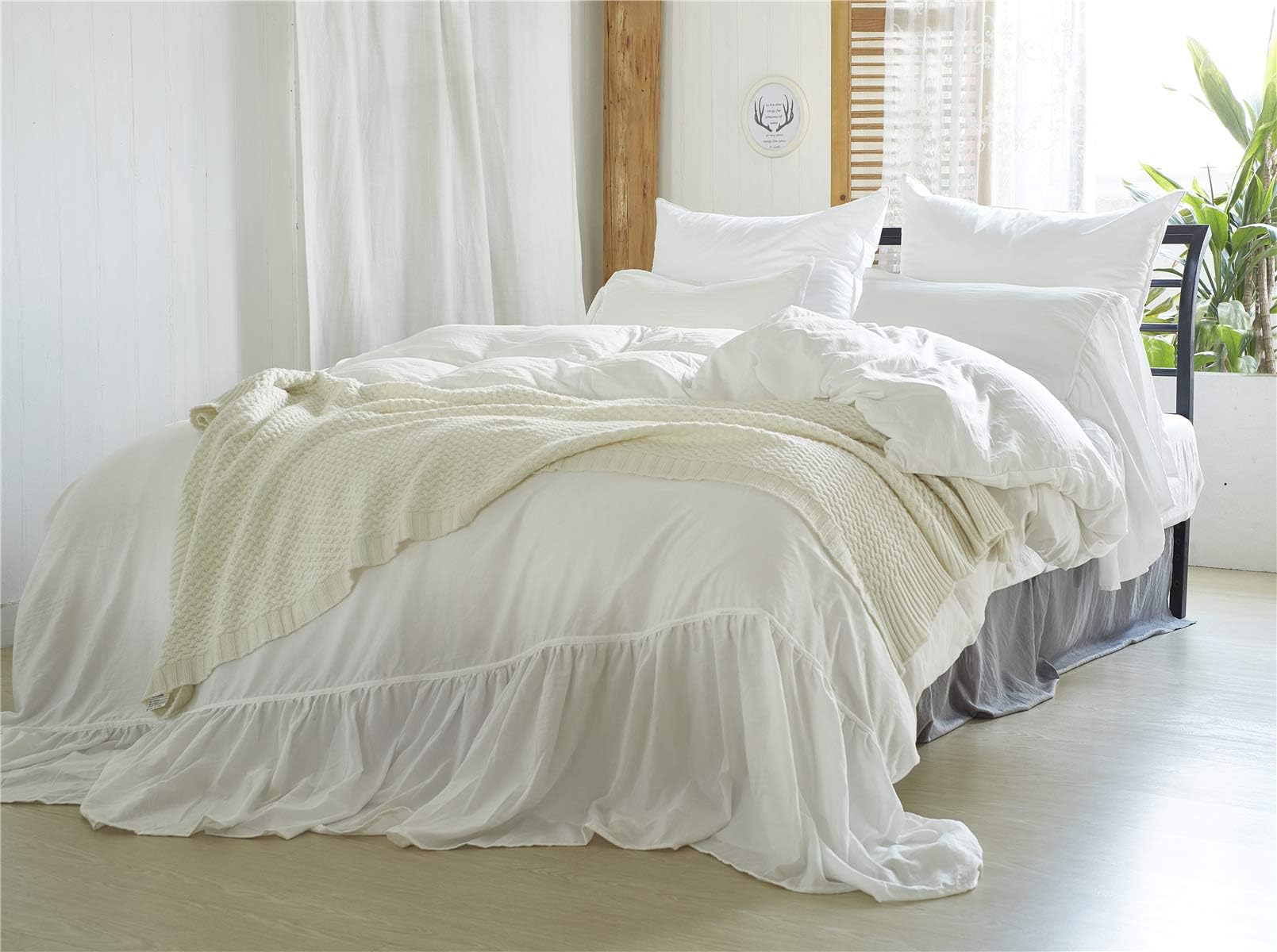 MOOWOOVintage Farmhouse Bedding, Mermaid Tail French Country Style Queen White