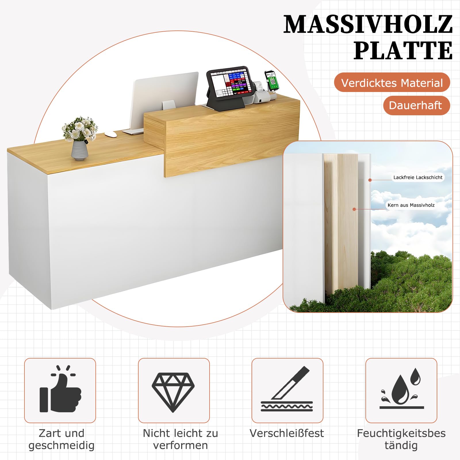 Empfangstheke modern mit Schublade und offenen Regalen, 100–240 cm, für Büro, Salon, Lobby
