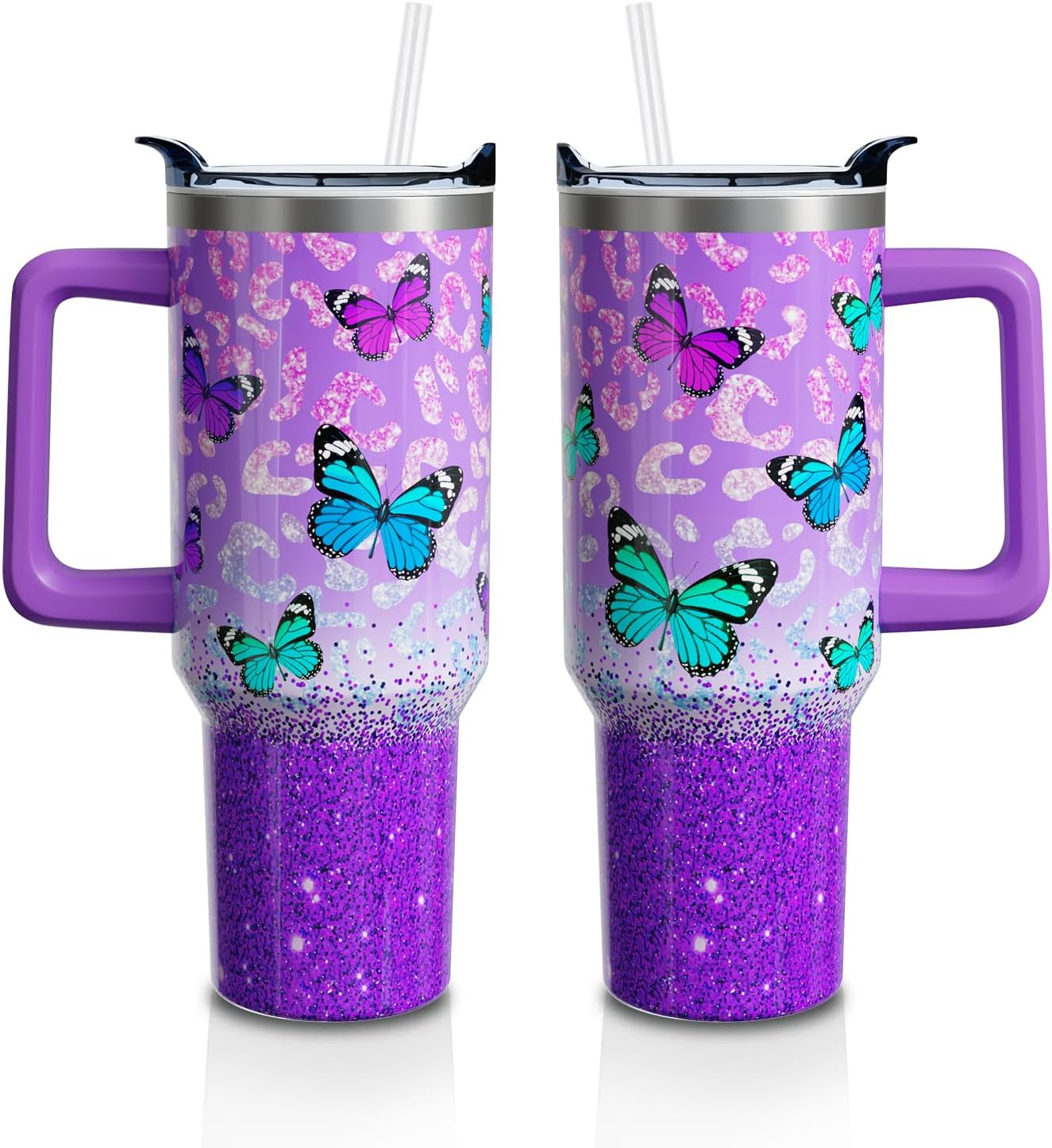 Butterfly Gifts 40 Oz Tumbler with Handle and Lid Straw, Glitter Aesthetic Stainless Steel Double Walled Vacuum Insulated Cup, Butterfly Lover Birthday Gifts for Women Girls (1 PC)