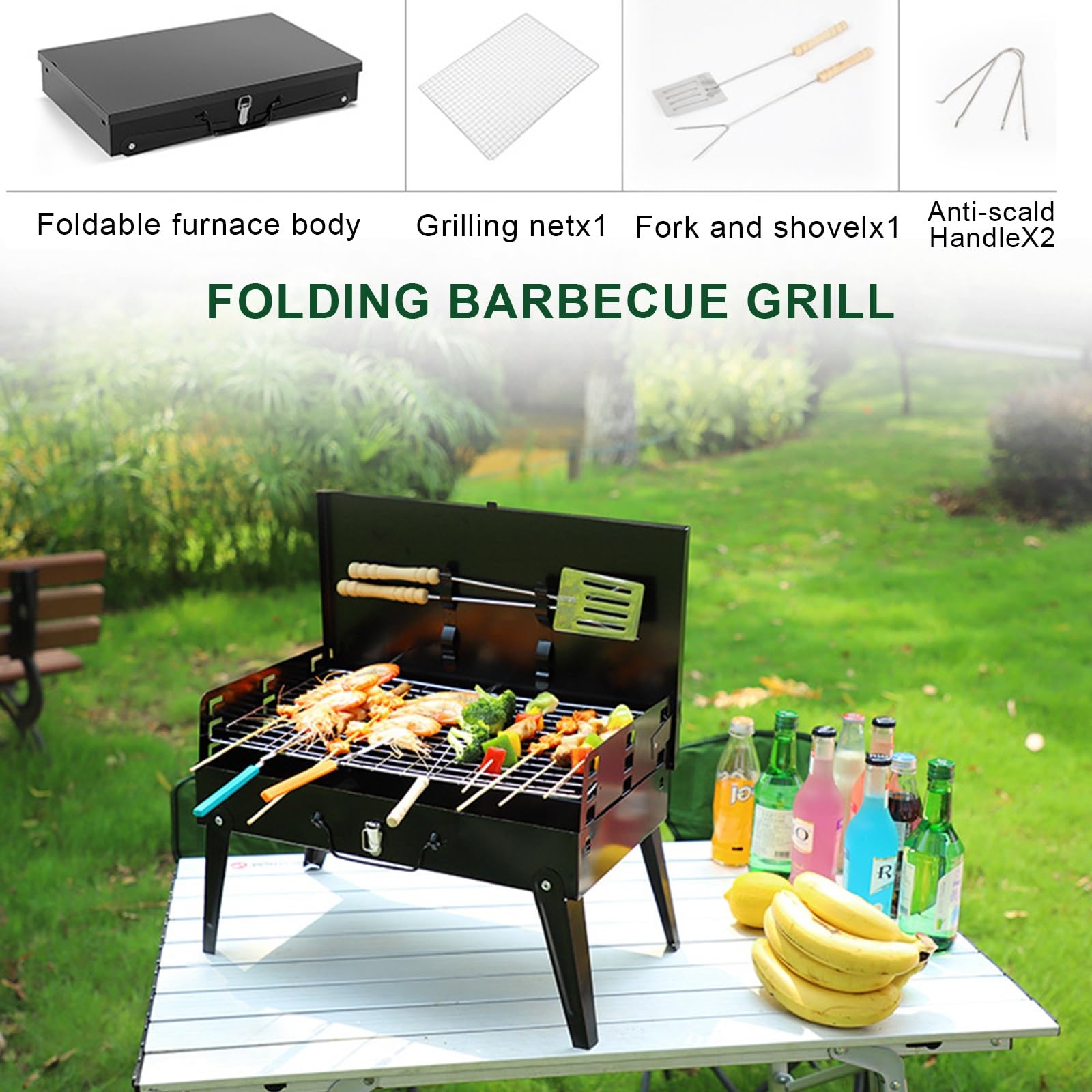 Parrilla Portátil, Instantáneamente Plegable y Fácil de Transportar, Mini Juego de Herramientas para Barbacoa, Adecuado para Cocinar al aire Libre, Camping, Picnic, Playa