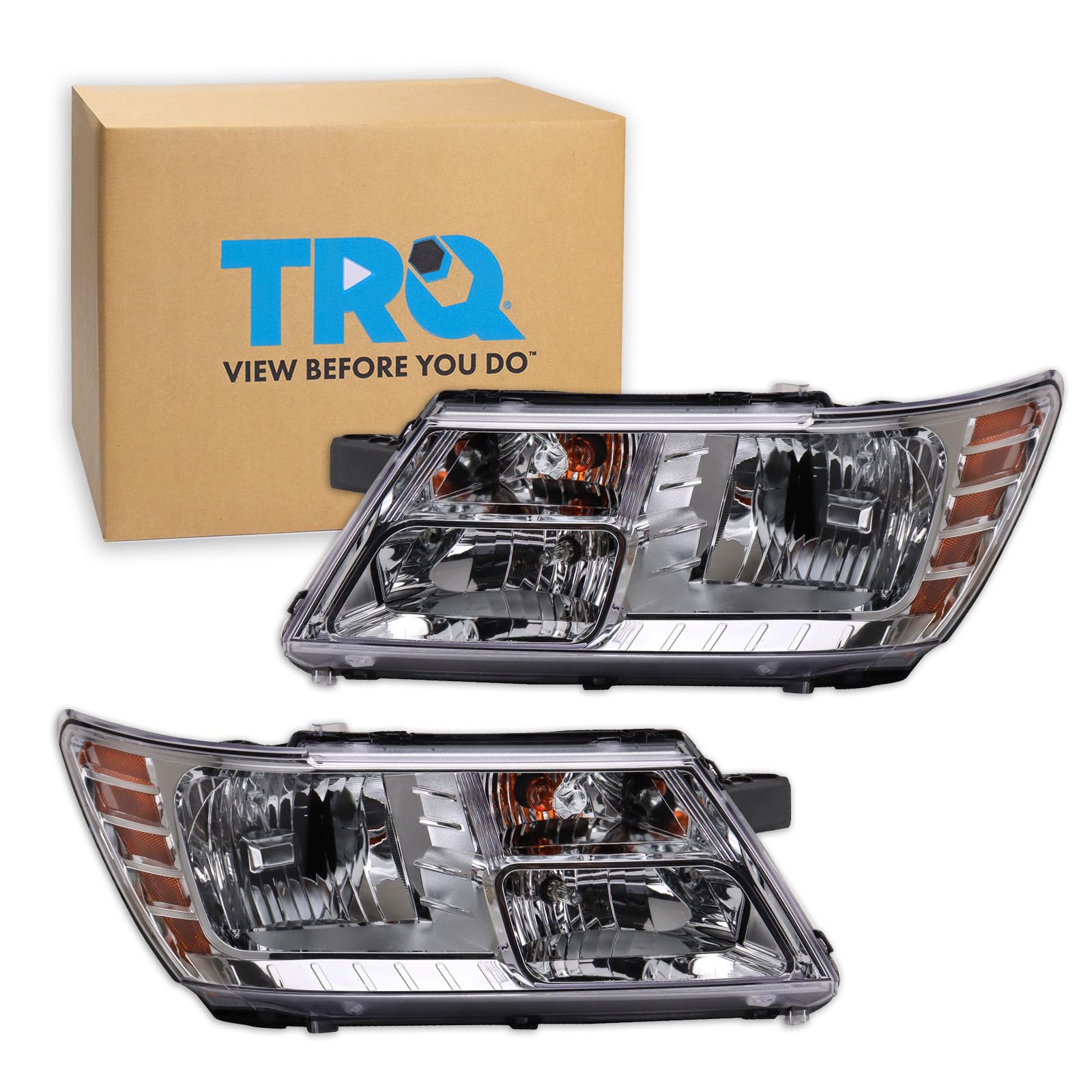 TRQ 2 Piece Headlight Assembly Set Chrome Bezel Driver &amp; Passenger Side Compatible with Dodge Journey 2009-2020 With Code LME CH2502222 CH2503222 5116288AD 5116289AD