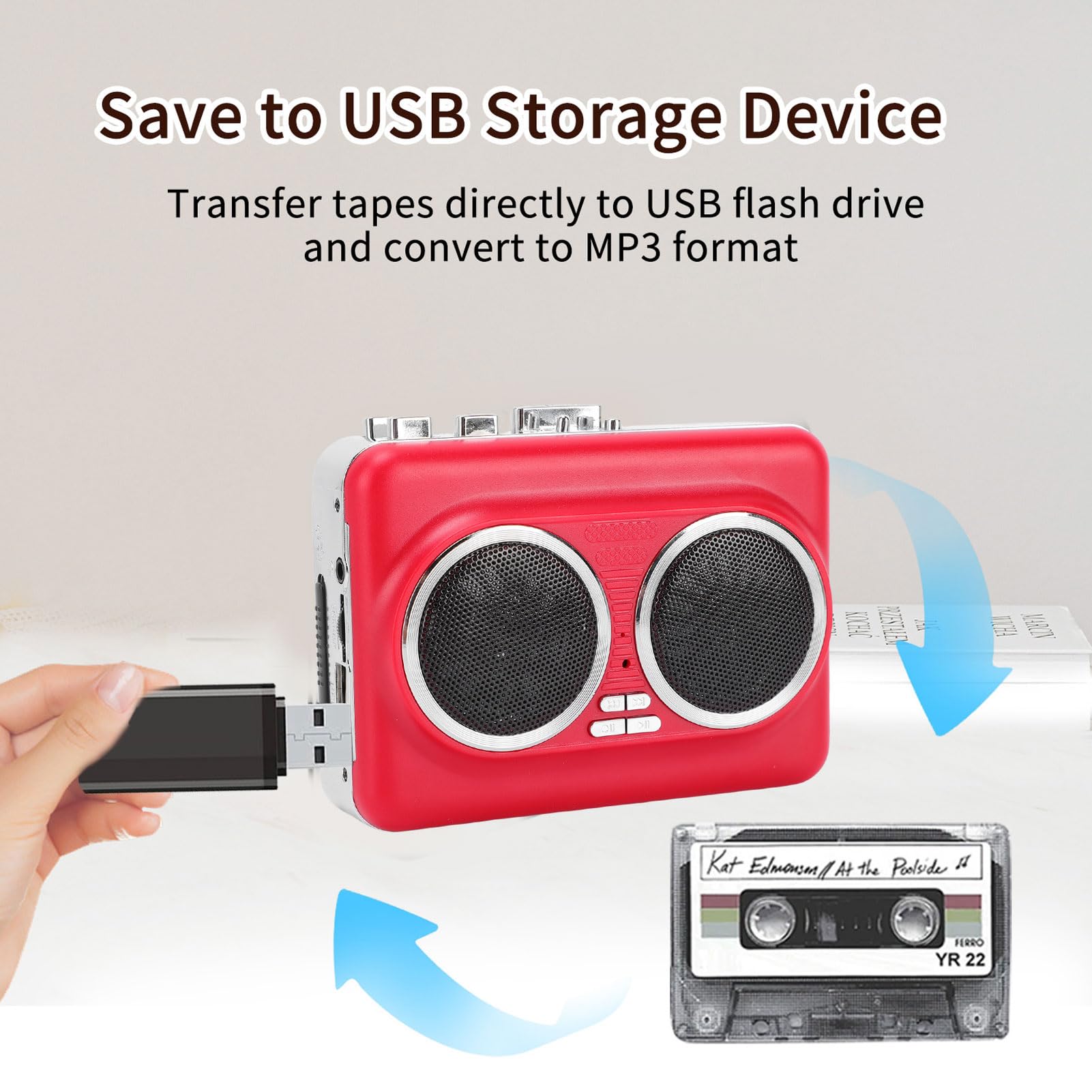 SUNGOOYUE Odtwarzacz Kasetowy, Wbudowany Głośnik Wyjście AUX 3,5 Mm Konwerter USB na Format Cyfrowy MP3 do Konwersji Taśm i Odtwarzania Muzyki (czerwony)