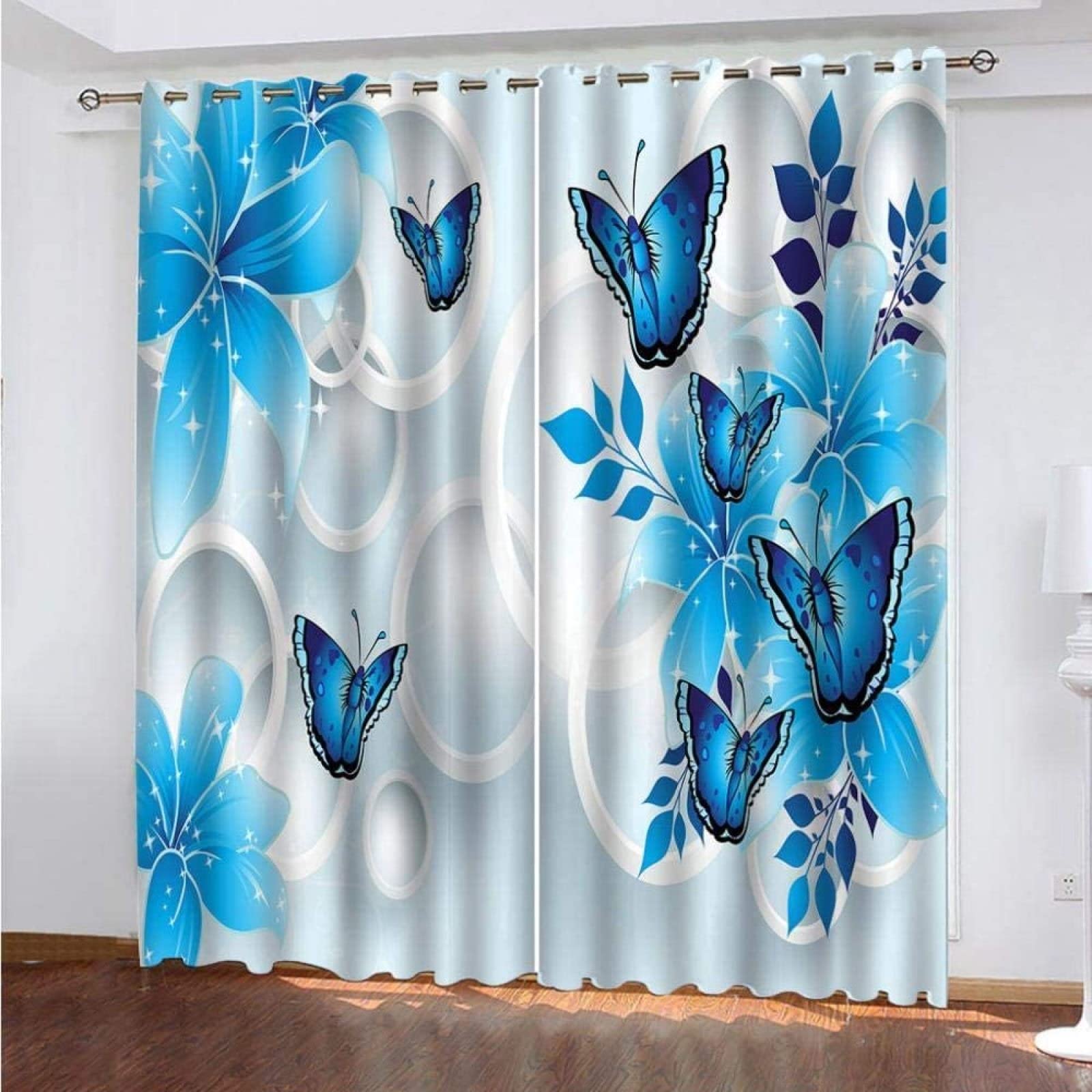 Blue Butterfly Flower Kids Blackout Curtains, Romantic Butterfly 3D Printed Drapes, 2 Panels Window Curtains, Grommet Thermal Insulated Window Curtain