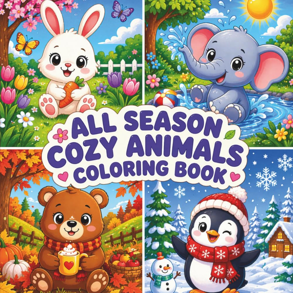 All Season Cozy Animals Coloring Book: 50+ Cute Animal Friends in Winter, Spring, Summer and Autumn Scenes | Adorable Woodland Creatures, Peaceful ... and Relaxing Coloring Pages for All Ages