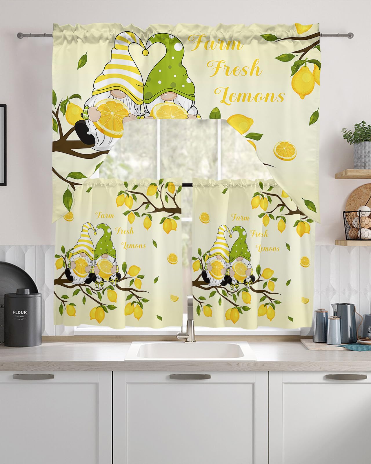 Summer Lemon Swag Kitchen Curtain Sets with Valance, 3 Pieces Rod Pocket Curtain Drapes for Bedroom Living Room Bathroom Cafe Windows, Cute Gnomes Fruit Country French 56''x36'' & 36''x27.5''x2Panels