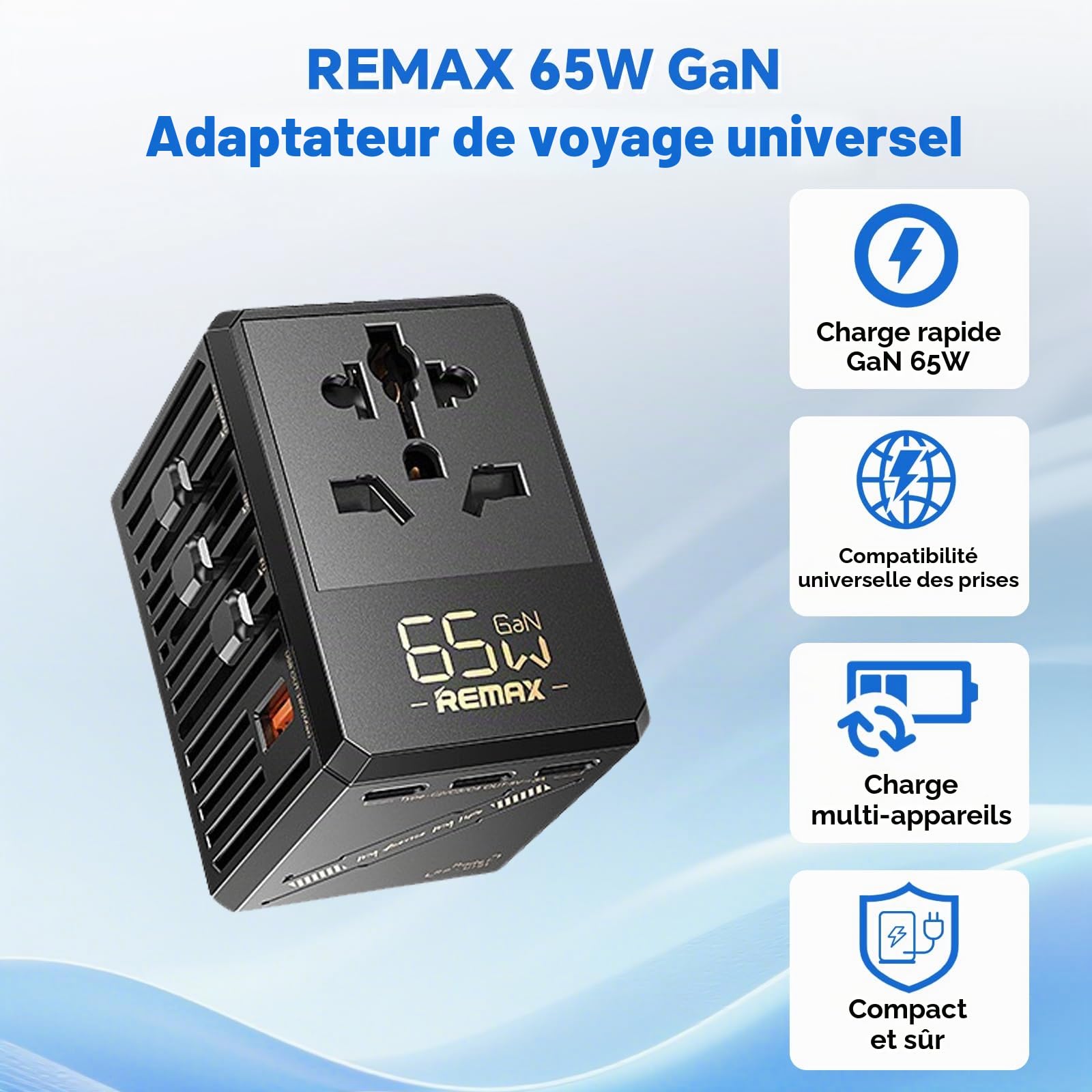 LERON LERON Chargeur USB C 65W, Adaptateur Voyage Universel avec 4 Ports Type C, Prise UK US UE Australie, Charge Rapide Samsung, Certifié CE ROHS FCC, Compatible Mondiale