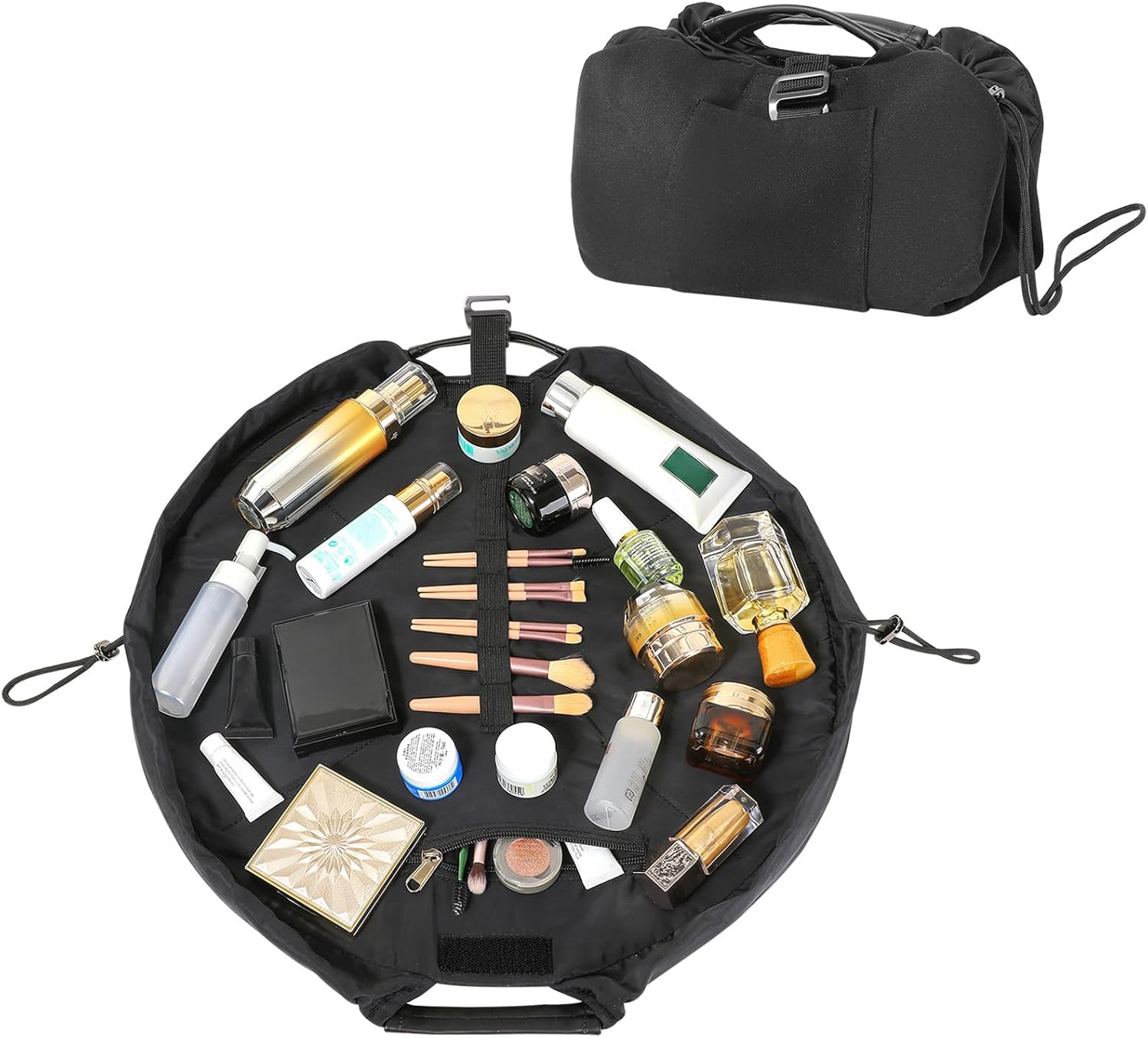 Vomgomfom 20 inch Drawstring Makeup Bag Open Flat,Waterproof Magic Cosmetic Pouch for Women (H-Black)