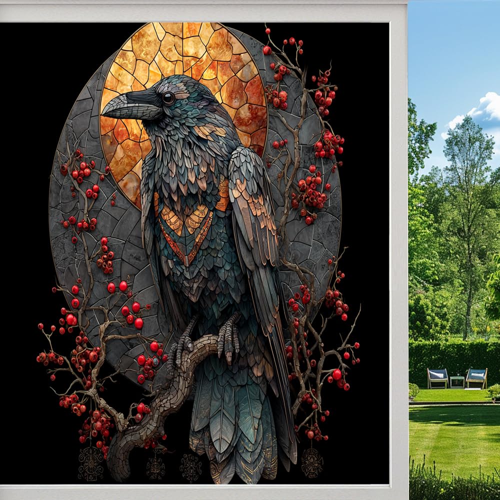 Rural Raven Stained Glass Window Film, Mysterious Gothic Moon Crow Peel and Stick Privacy Film, Frosted Adhesive Vinyl Decorative for Bathroom Windows Glass Doors, （45x100cm）