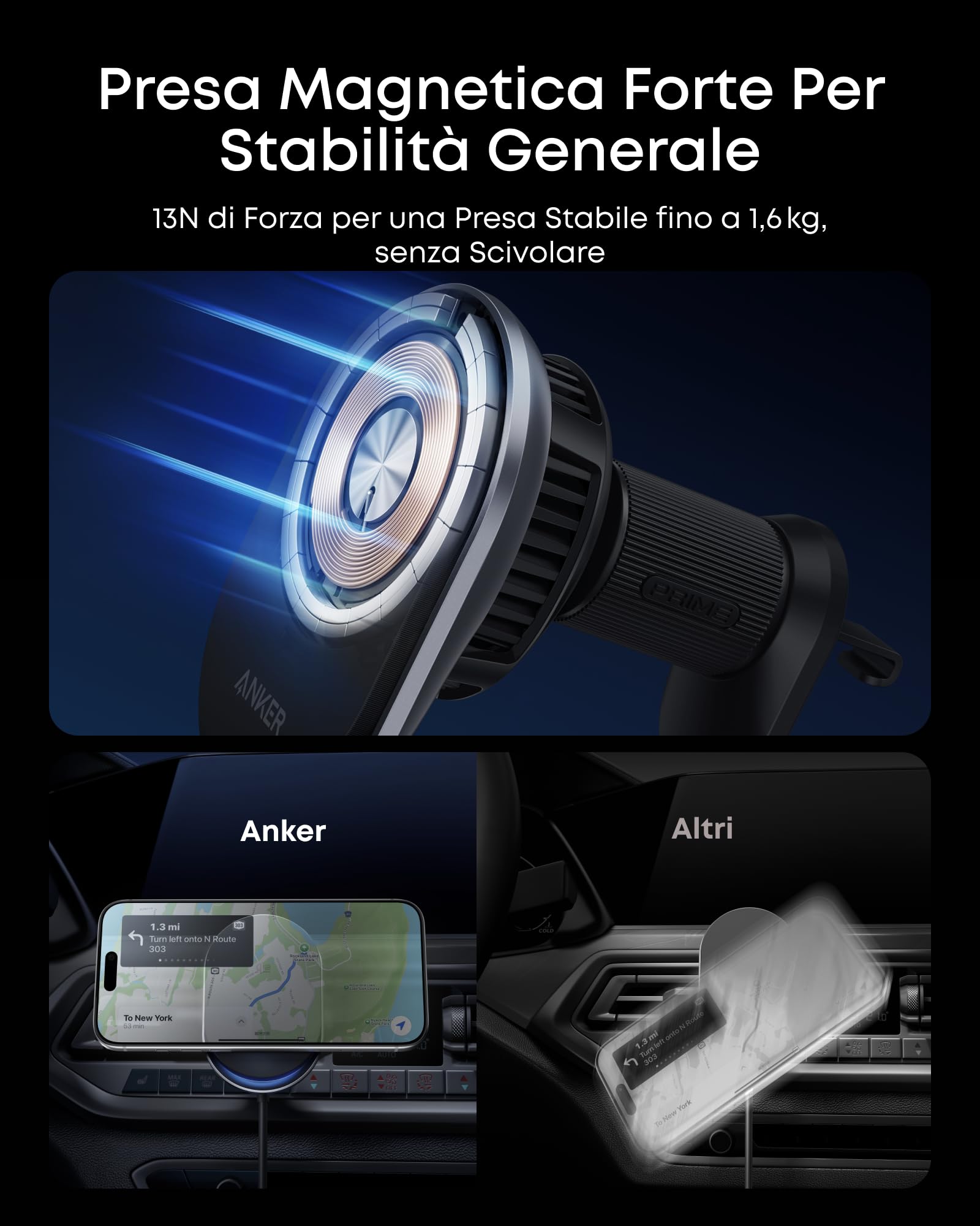 Anker Prime Caricatore Auto MagSafe Qi2 25W con Raffreddamento TEC, Supporto Bocchetta Aria per iPhone Serie 17-12
