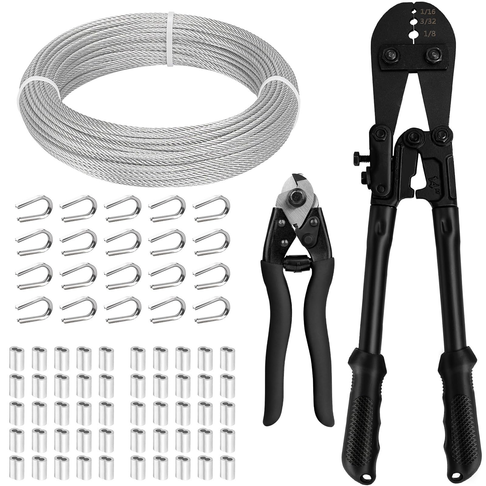 TooTaci 3mm Wire Rope Crimping Tool Kit, 30M Steel Cable with Crimping Tool & Cutter, Metal Wire for Trellis Clothesline