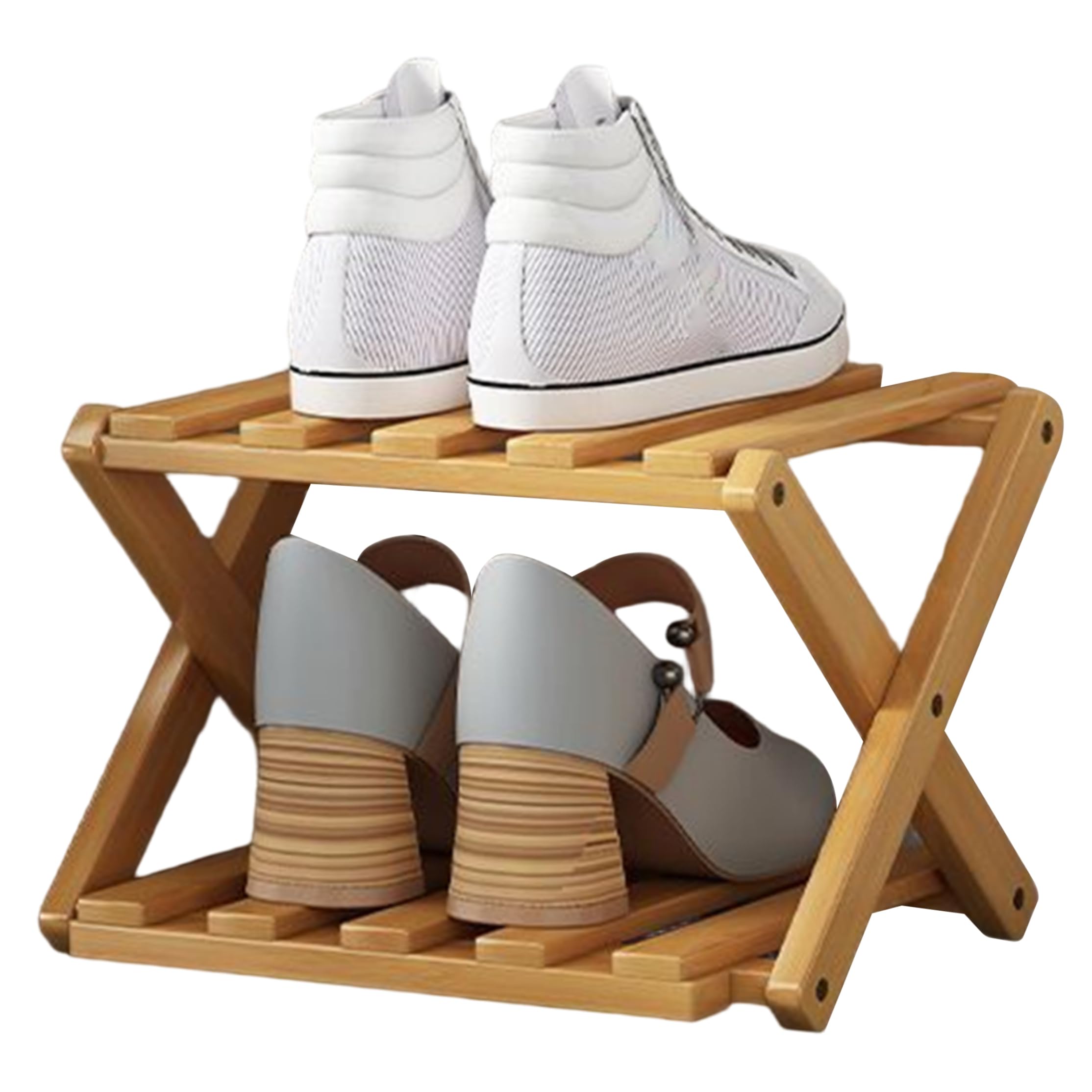 Bemonew Shoe Rack Bamboo, 2 Tier Foldable Shoe Rack Skinny Shoes Organizer Extendable Narrow for Entryway, Closet, Khaki