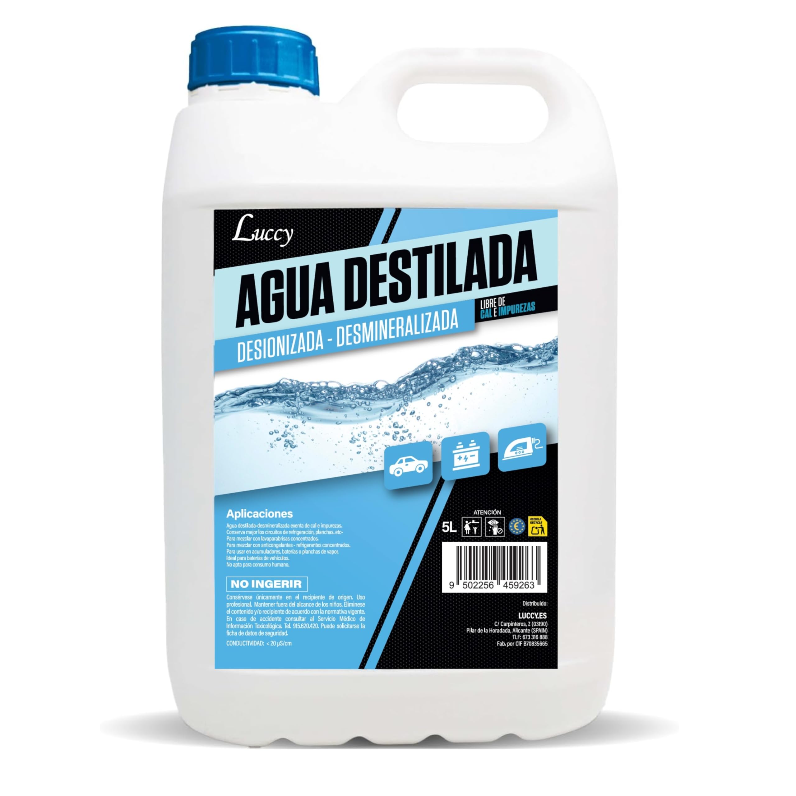 LUCCY Acqua Distillata Demineralizzata Deionizzata 5 Litri | 100% Acqua Pura | CPap, Umidificatore, Ferro, Motori, Pulizia, Laboratori, Piante