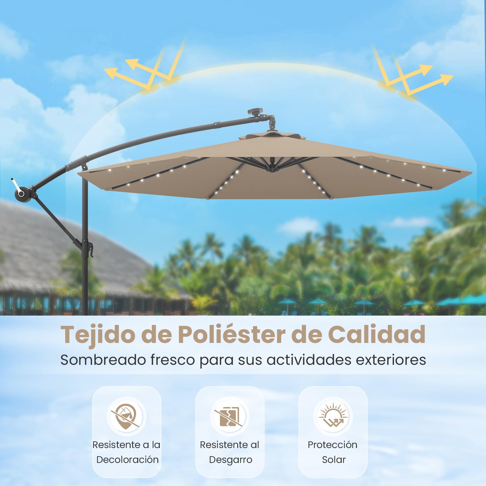 COSTWAY Sombrilla Terraza Exterior con Base, Parasol Excentrico 3x3 con 40 Luces LED, Sombrilla Jardin Inclinable con Manivela, Patio, Jardín, Terraza, Piscina, Playa (café)