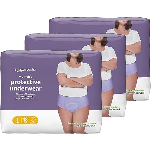 Amazon Basics Women's Protective Underwear, Incontinence & Postpartum, Maximum Absorbency, Large, Lavender, 54 Count, (3 Packs of 18)