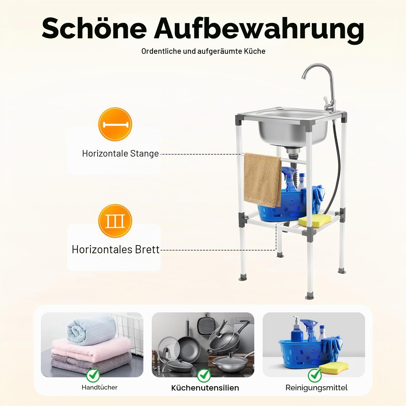 Freistehende Spülbecken,Einzelbecken-Spüle,Edelstahl-Spülbecken,Catering-Spüle mit 360 ° Drehbarer Wasserhahn,für den Innen- und Außenbereich, Garagen, Garten,38x33x83cm (38x33x83cm)