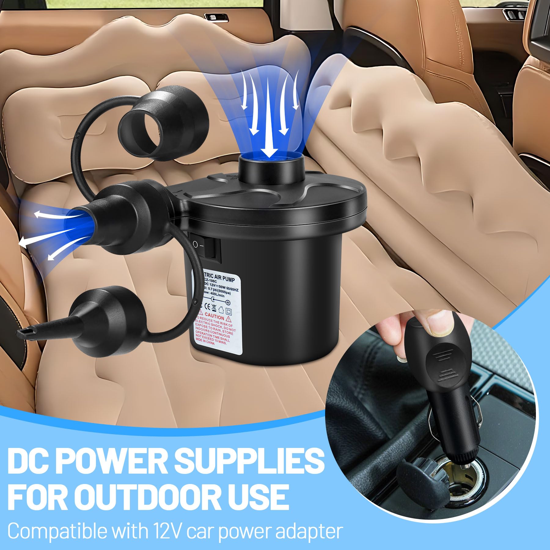 AearKing Inflador Electrico Colchon Hinchable, 2 en 1 Bomba de Aire Eléctrica Portátil con 3 Boquillas, Hinchador Electrico Piscina Hinchable con 2 Enchufes 110V-240V AC/12V 50W DC para Casa y Coche