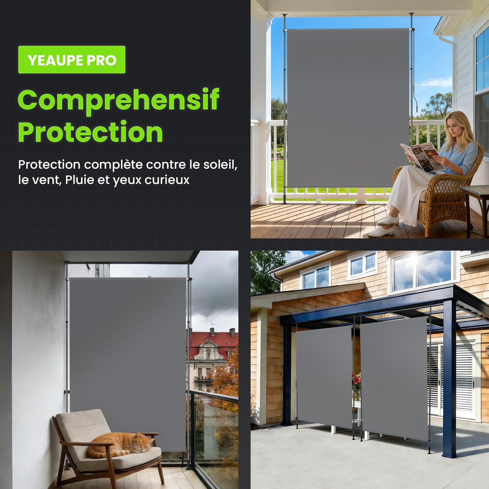 YEAUPE Pro Store Vertical extérieur 100 x 300 cm, Gris foncé, sans perçage, Store à Pince avec manivelle, Convient pour Balcon, terrasse, extérieur et Jardin, Brise-Vue résistant aux intempéries