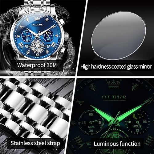 Miniatura 4 de OLEVS Relojes para hombre de plata, reloj de cronógrafo de acero inoxidable para hombre, reloj analógico de cuarzo de cara grande para hombre de
