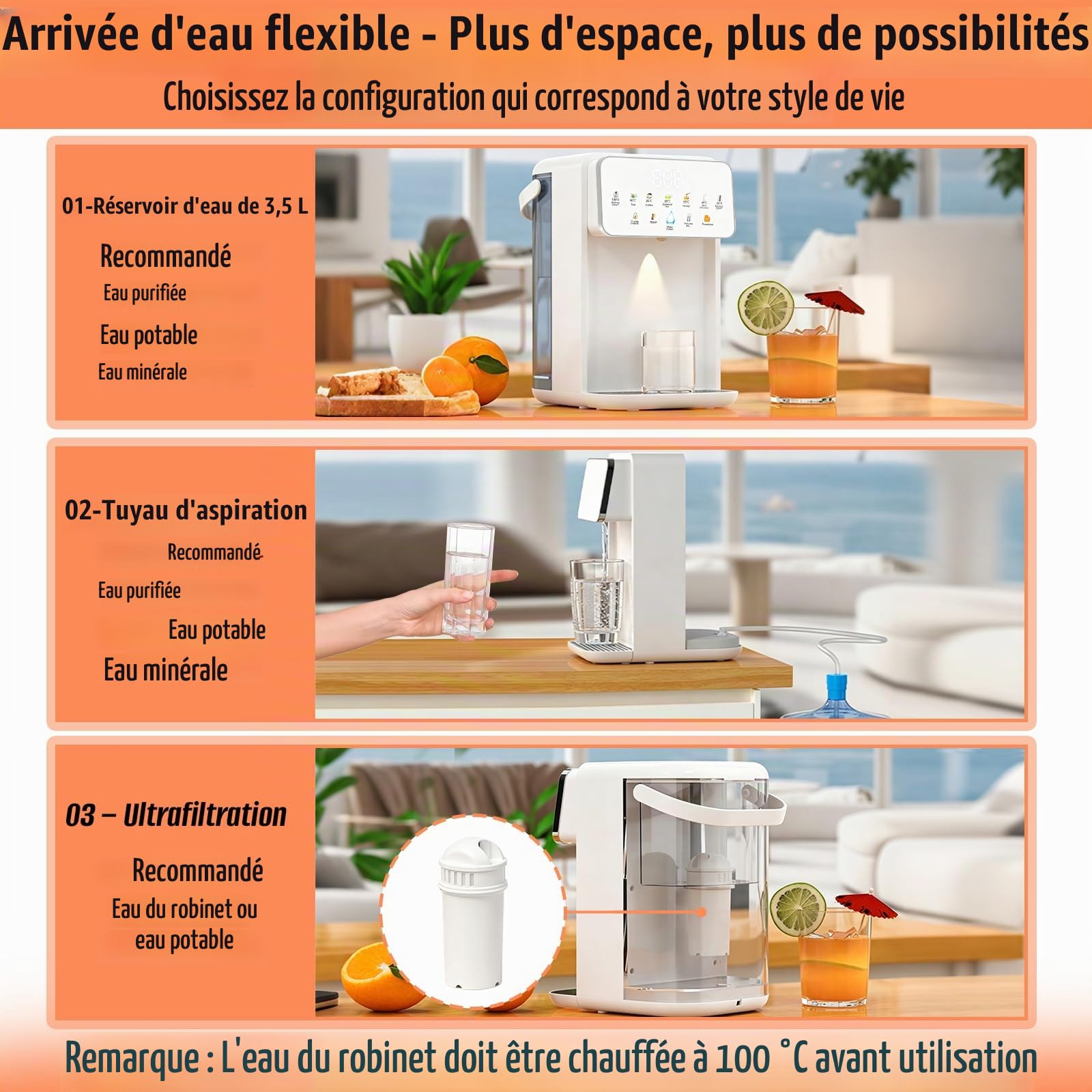 Distributeur d’Eau Chaude 3,5 L avec Ultrafiltration, Eau Chaude Instantanée en 3 s, 7 Niveaux de Température, 8 Volumes d’Eau, Sécurité Enfant, Économe en Énergie pour Thé, Biberon & Bureau