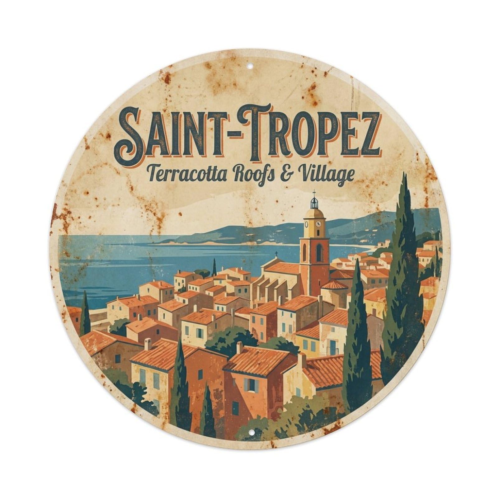 France Saint Tropez Travel Terracotta Roofs Village Metal Tin Sign