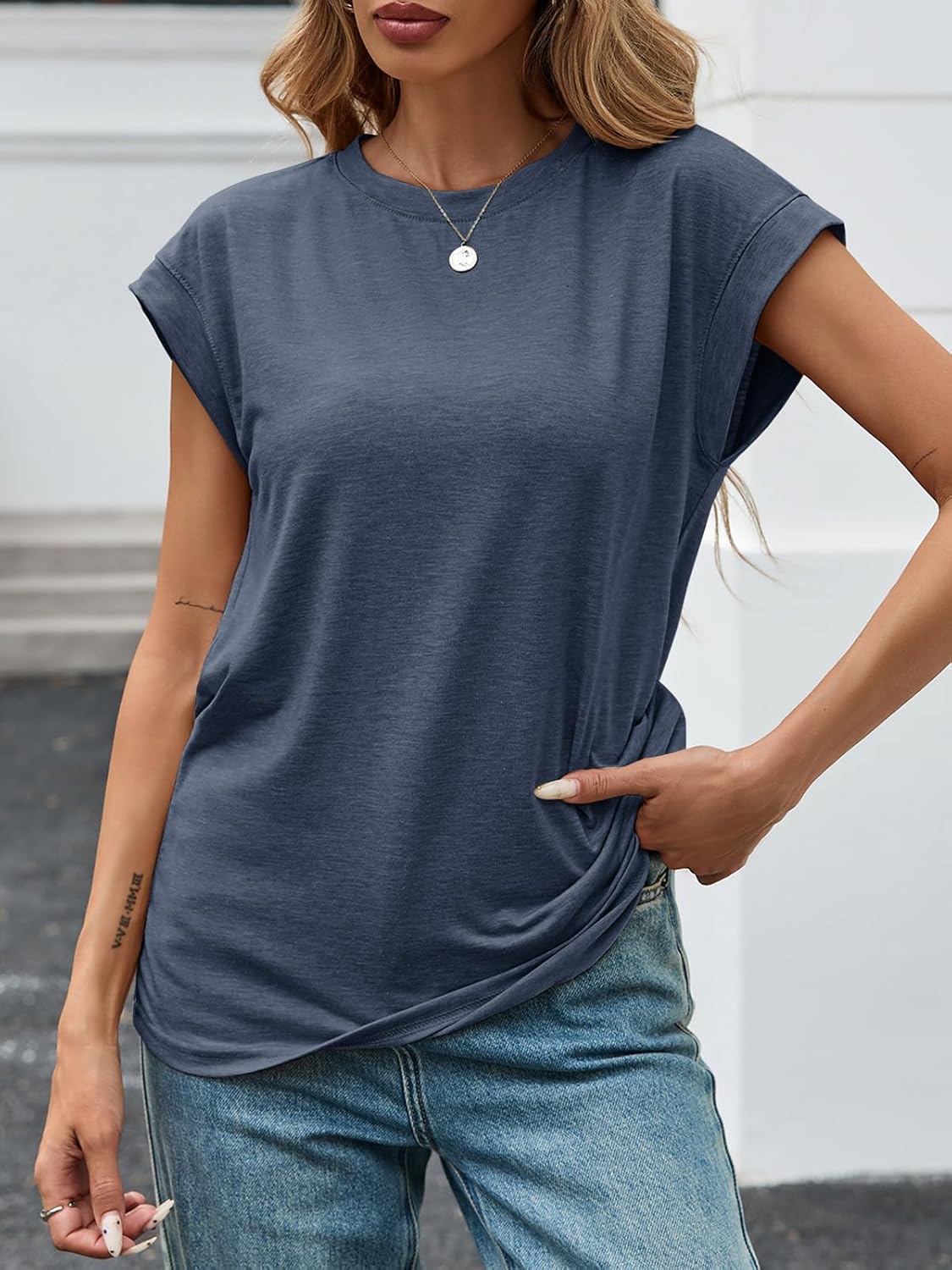 Tankaneo Womens Short Cap Sleeve Tops Crew Neck Loose Fit T Shirt Basic Casual Sleeveless Tee Shirts - Image 2