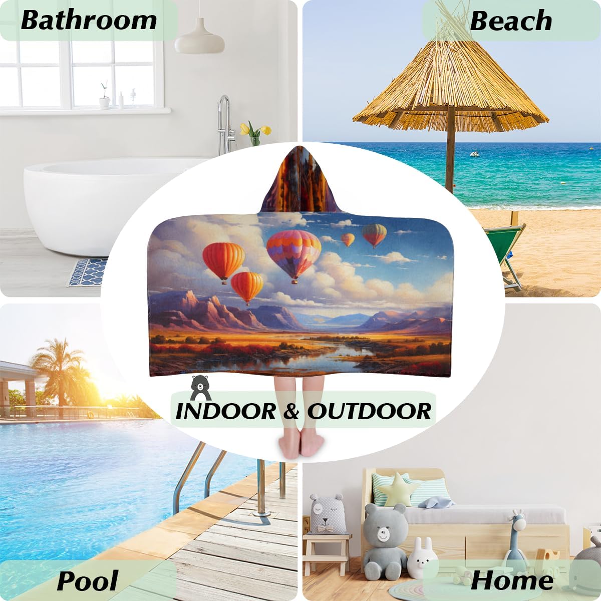 Pardick Kids Bath Towel Hot Air Balloon Mountain Beach Towel with Hood Pool Cover Up for Girls Boys Soft Absorbent Hooded Bath Towel Toddler Towels for Beach, Pool