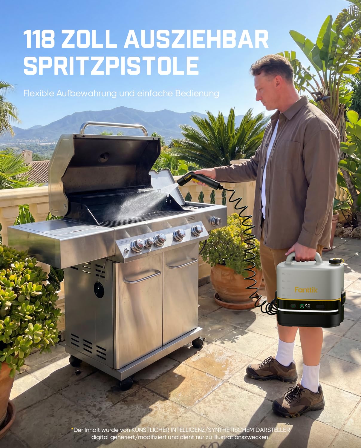 Fanttik NB10 Nano tragbarer Akku-Drucksprüher, 2,1-Gallonen-Tank, 72-98 PSI, HD-LED-Display, 4000mAh, mit Campingleuchte – tragbarer Hochdruckreiniger für Zuhause, Terrasse und Camping