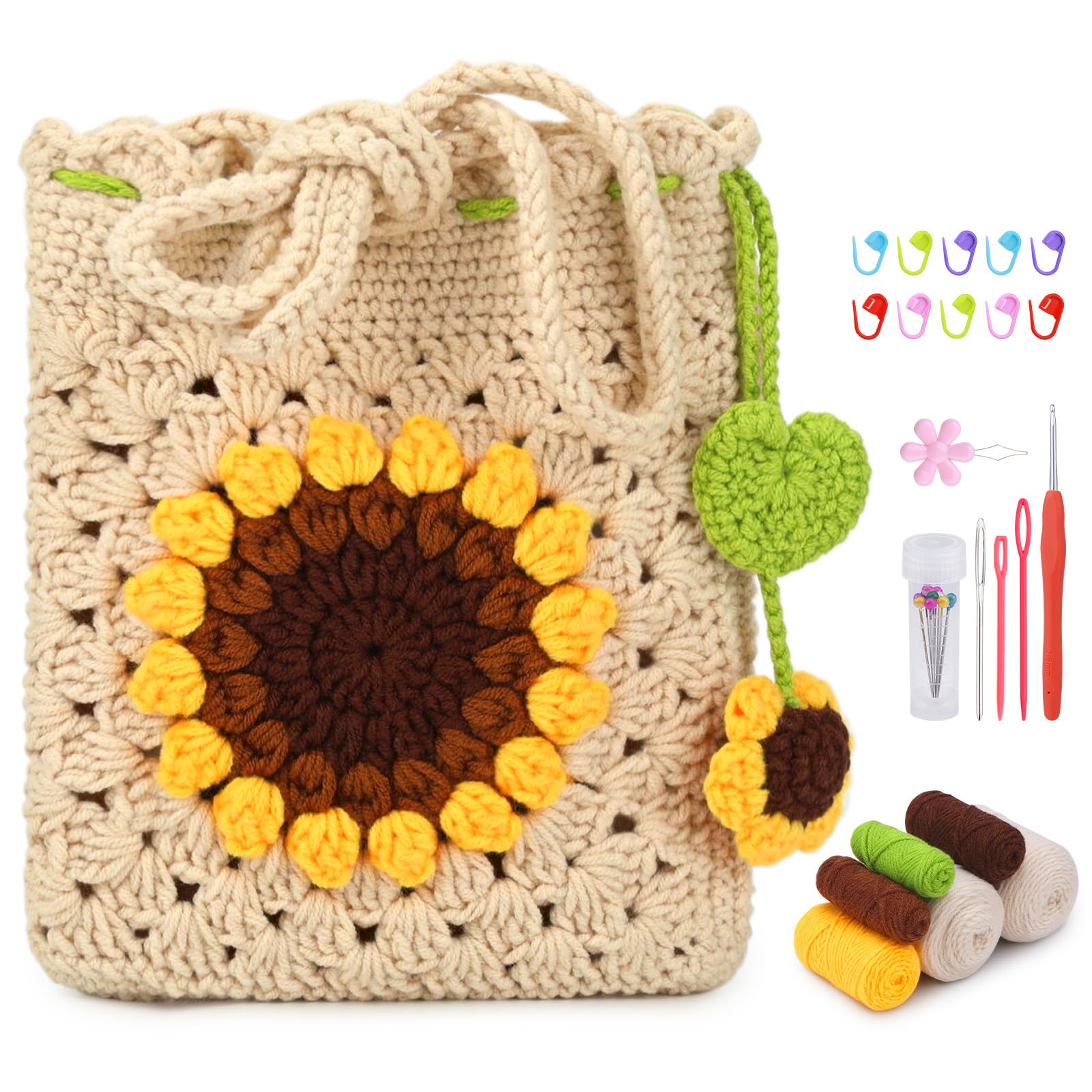 Pnytty Crochet Kit-Bag for Beginners, DIY Crochet Flower Bag Starters Craft Kniting Kits for Adults Include Crochet Yarn Hook Tools Supplies and Easy