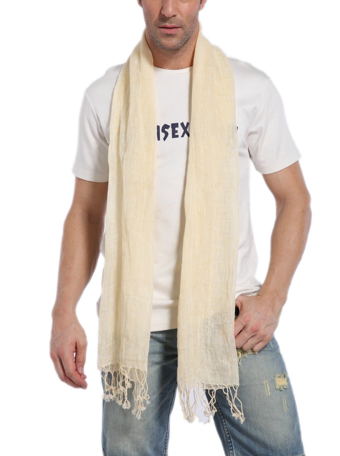 Prettystern long Plain Colour Summer Casual Fringed Linen Men's Scarf Shawl - Ivory Cream T22
