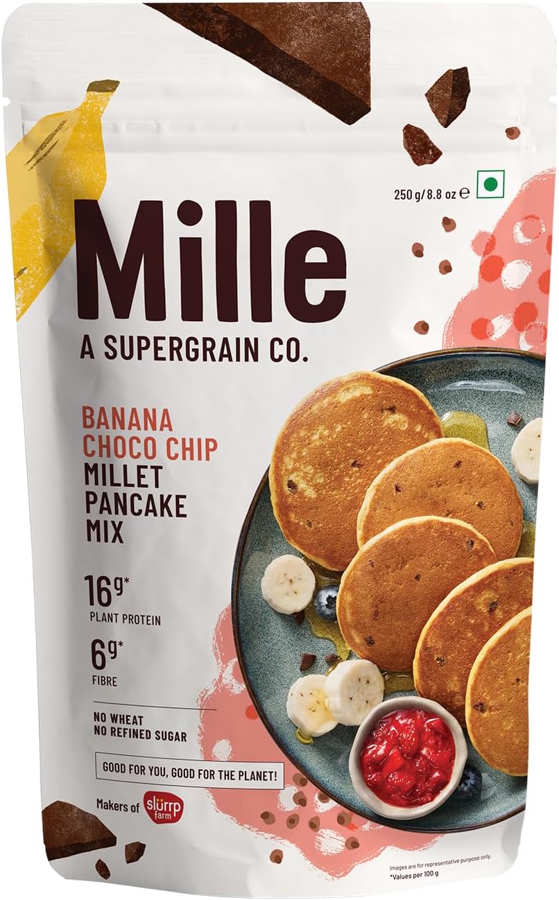 Mille Banana Choco-Chip Millet Pancake | 16g Protein | 6g Fibre | No Maida, No Atta | Low Carbs | High Plant Protein | Low Carbs | Raw Natural Sugar | From the Makers of Slurrp Farm | 250 grams