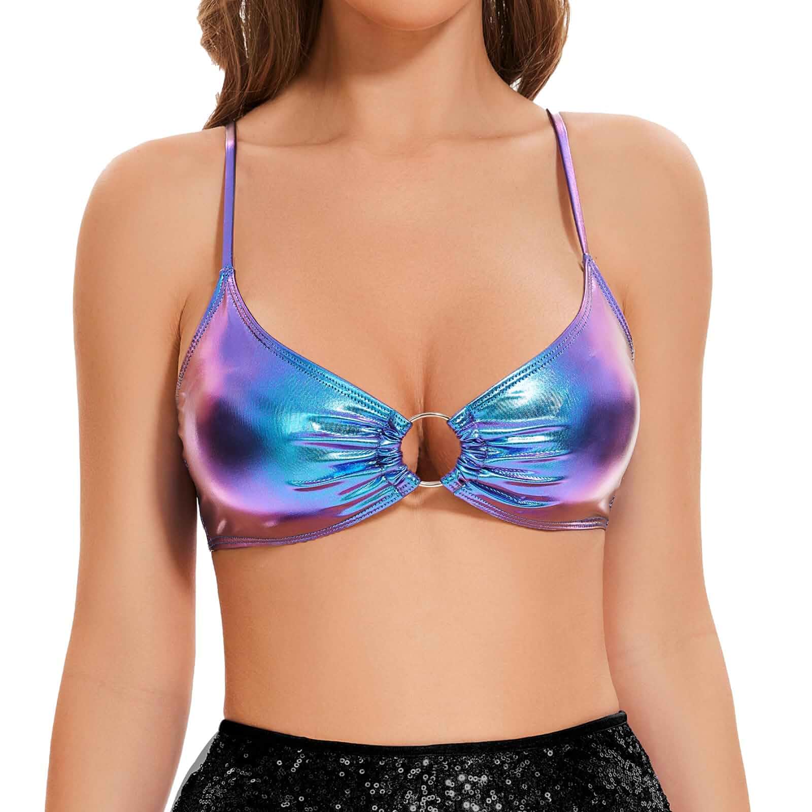 Vinaderhom Women's Metallic Bra Tops Shiny Bralette Rave Crop Top with Metal Ring Festival Party Bikini