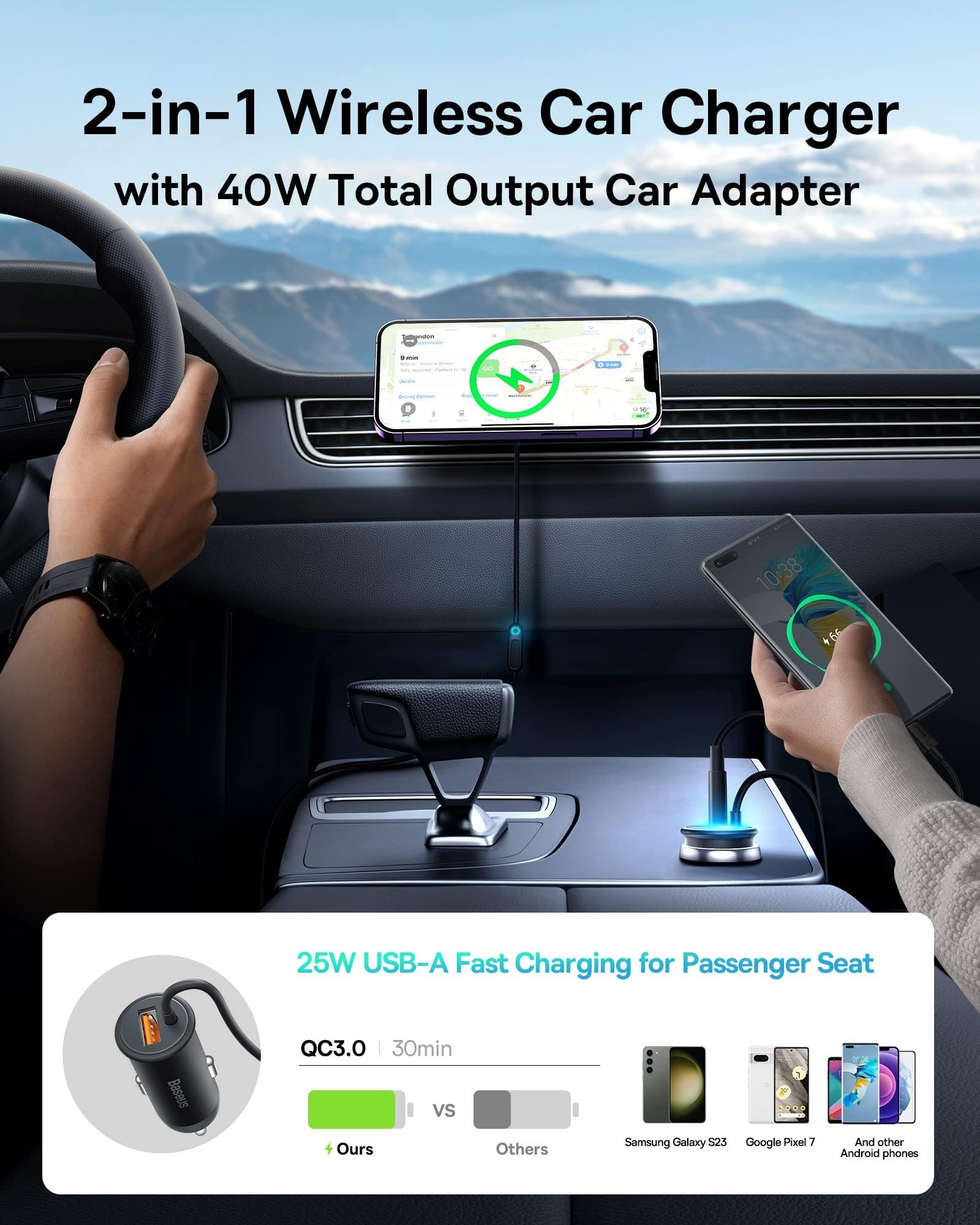 Baseus Magnetische KFZ-Halterung CW01 für Lüftungsgitter mit Kfz-Ladegerät, USB-C, 15 W + 25 W (schwarz)