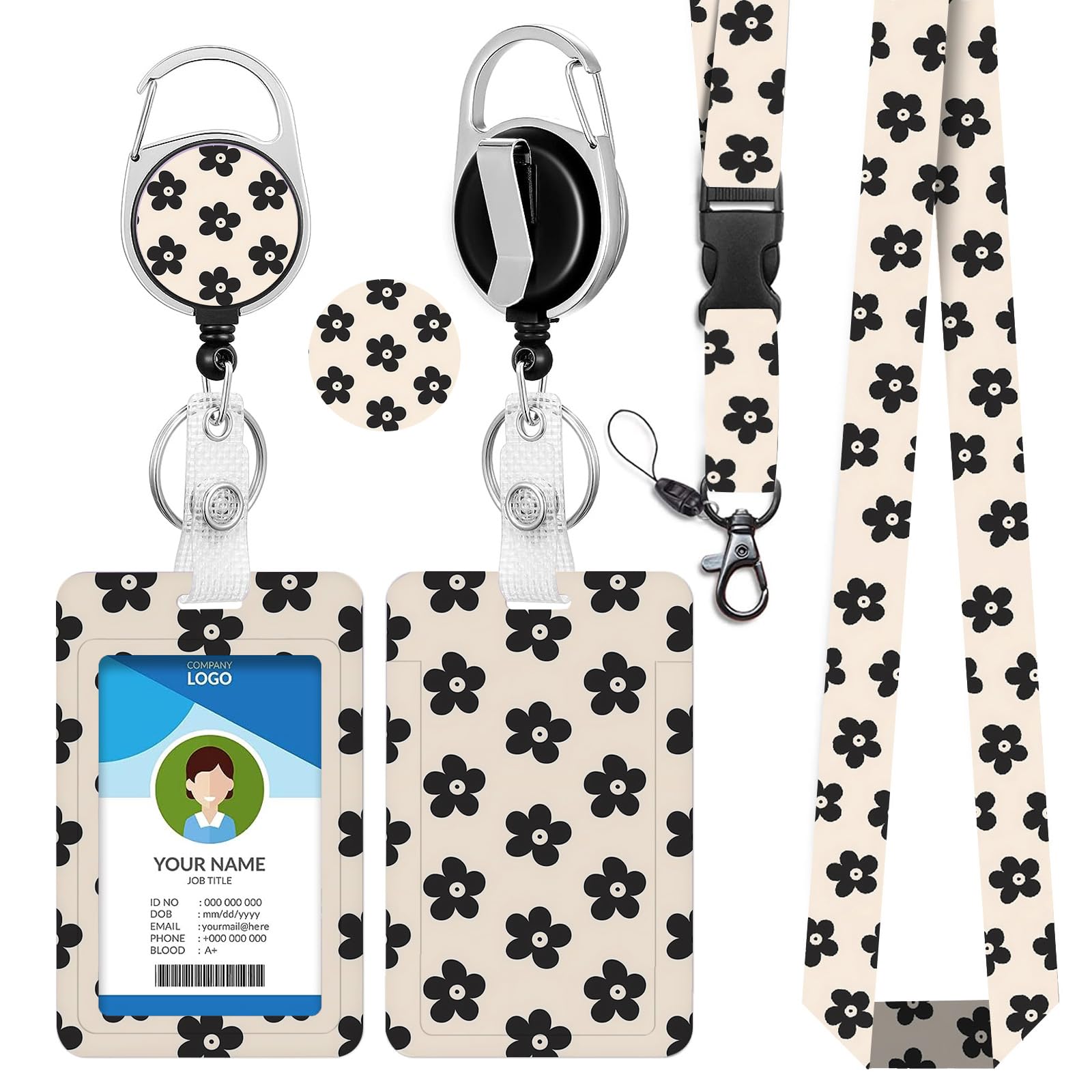 bolimoss Groovy Flower Card Holder with Retractable Badge Reel Clip, Detachable Lanyards for Id Badges Key, Cute Card Name Tag Lanyard ID Protector Bage Clips for Women Nurse Teacher, Beige — image 1