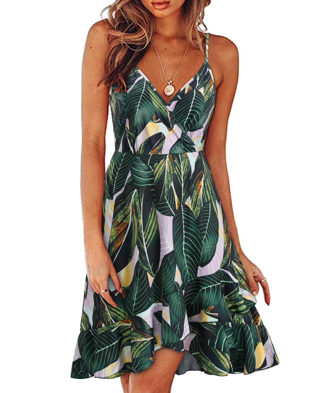 ULTRANICE Womens Summer Dresses Floral V Neck Ruffled Hem Spaghetti Spring Casual Beach Outfits Flowy Wrap Sun Dress