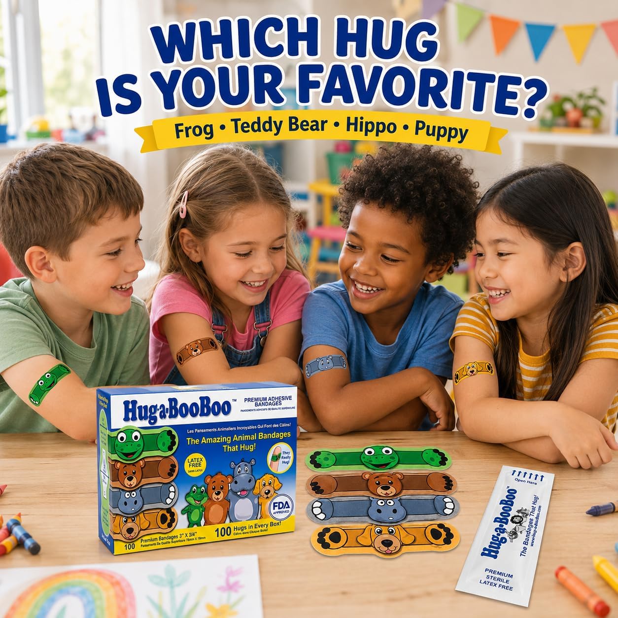 Super Fun Kids Bandages by Hug-a-BooBoo! The Amazing Animal Bandages that Hug! Children’s Favorite Stuffed Animal Designs – Hippo, Puppy, Teddy Bear & Frog! Family Bulk Pack Assortment -100ct Box
